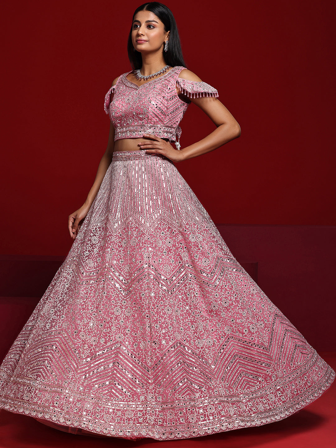 Libas Art Pink Embellished Net Lehenga Set