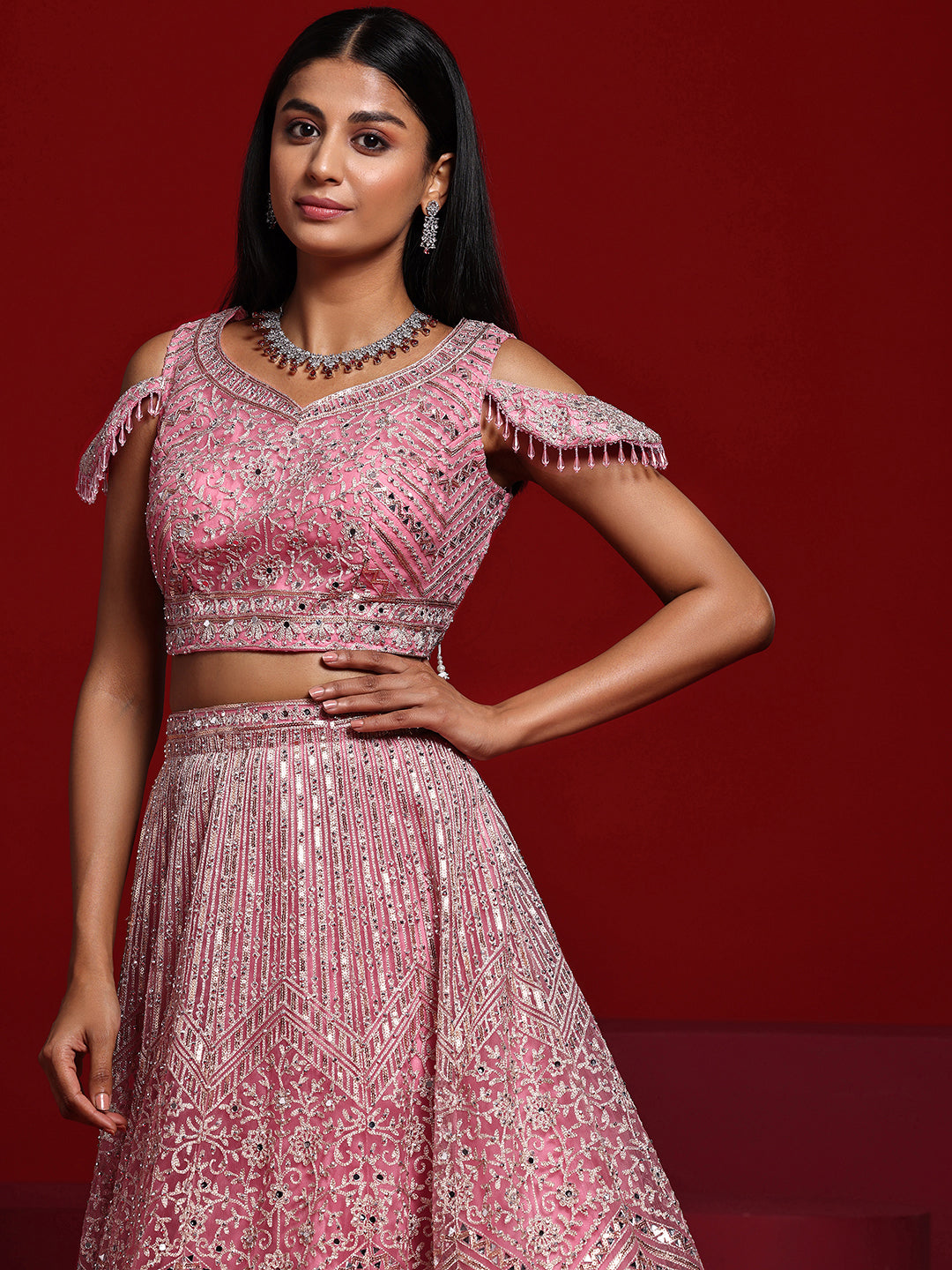 Libas Art Pink Embellished Net Lehenga Set