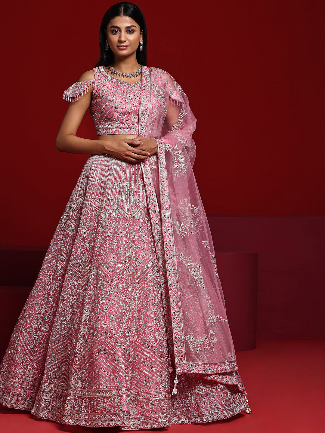 Libas Art Pink Embellished Net Lehenga Set