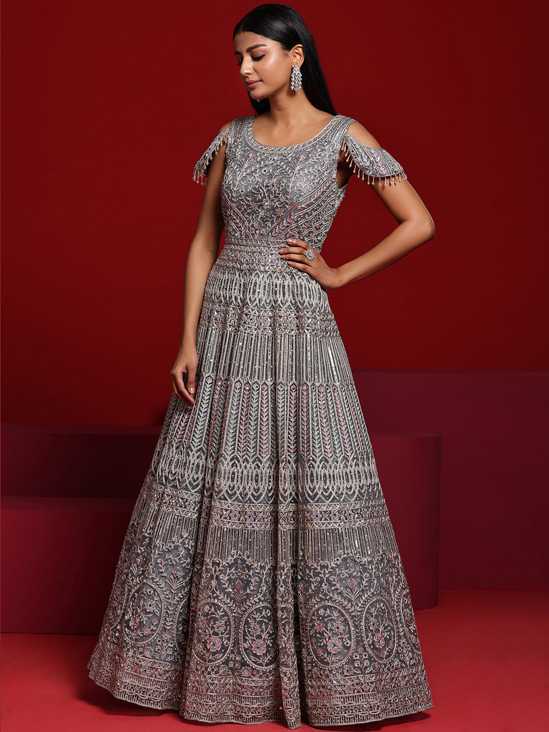 Libas Art Grey Embellished Nylon Gown With Dupatta