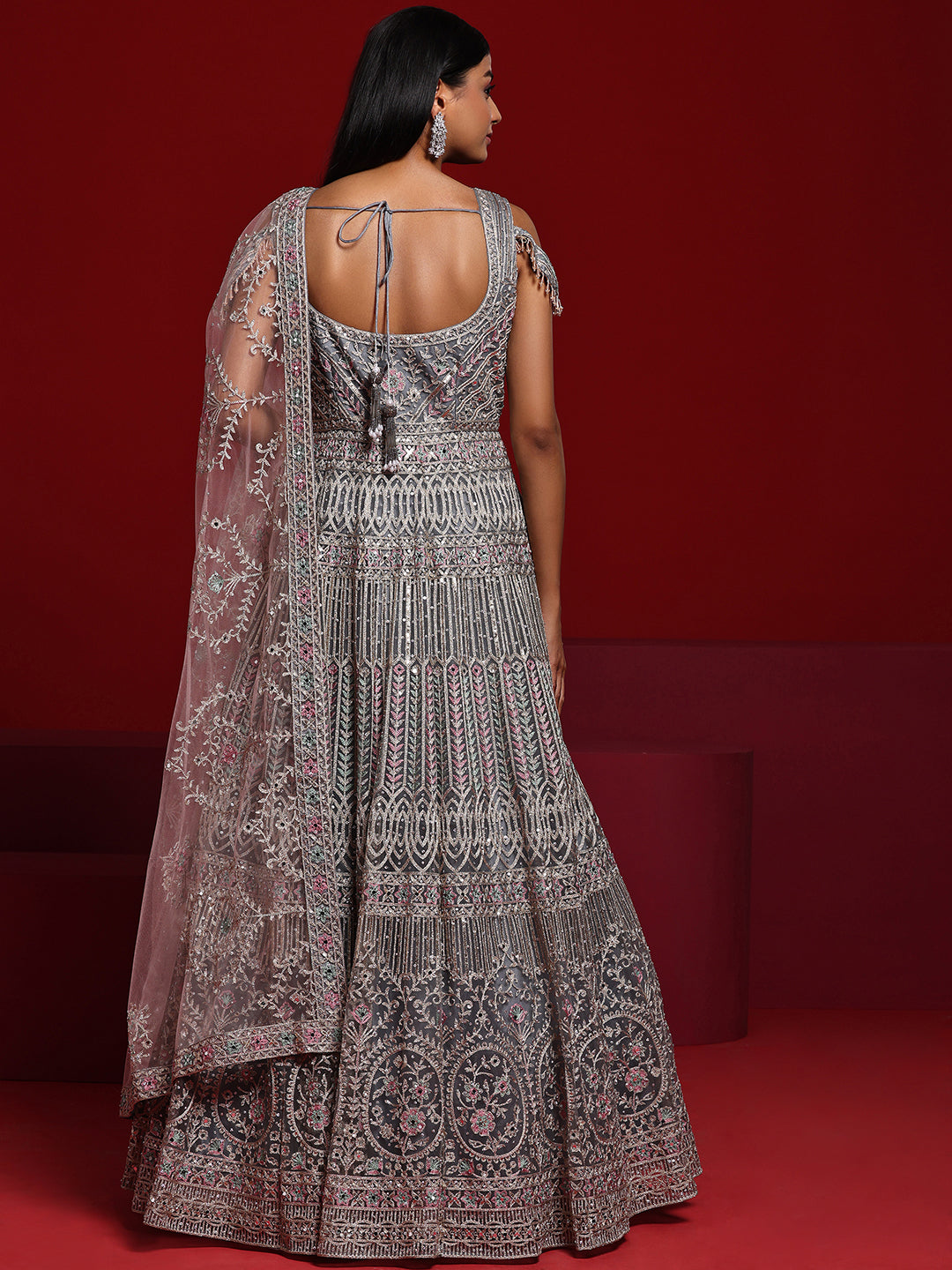 Libas Art Grey Embellished Nylon Gown With Dupatta