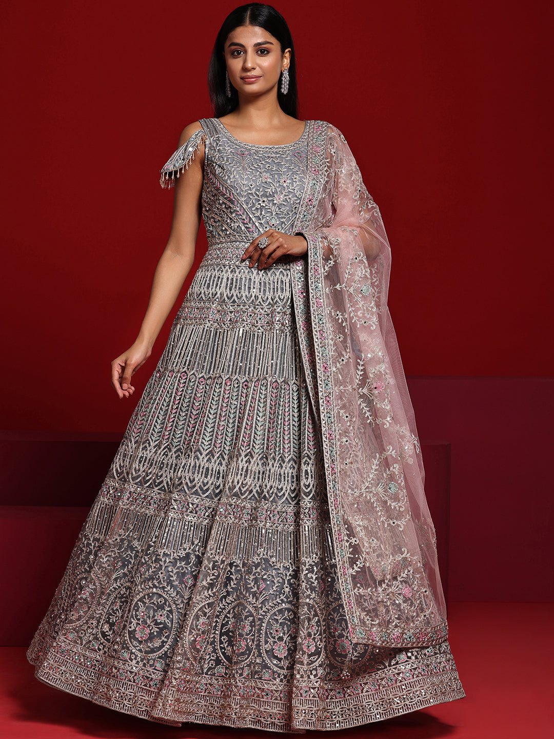 Libas Art Grey Embellished Nylon Gown With Dupatta