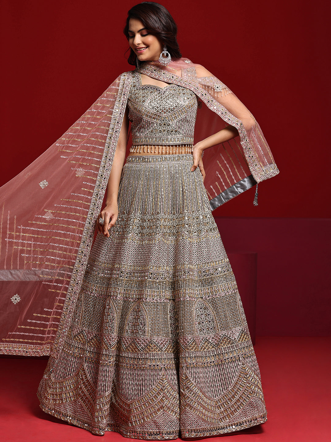 Libas Art Grey Embellished Net Lehenga Set