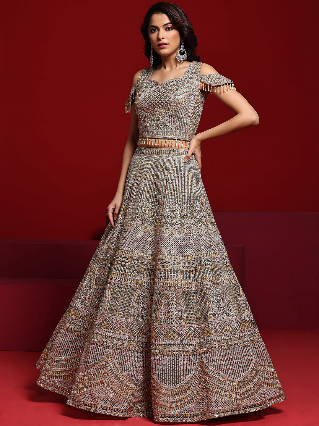 Libas Art Grey Embellished Net Lehenga Set