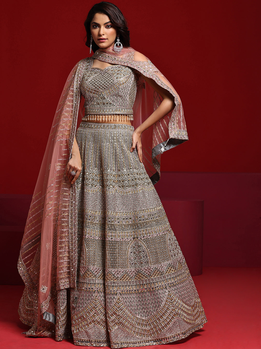 Libas Art Grey Embellished Net Lehenga Set