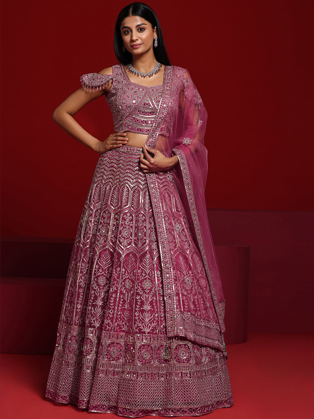 Libas Art Pink Embellished Net Lehenga Set