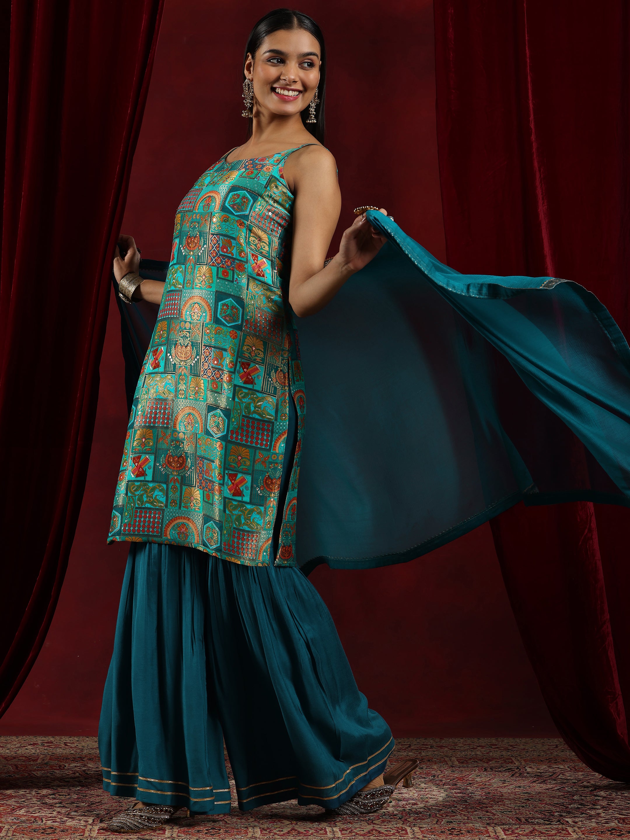 Libas Art Blue Woven Design Silk Blend Straight Suit With Dupatta