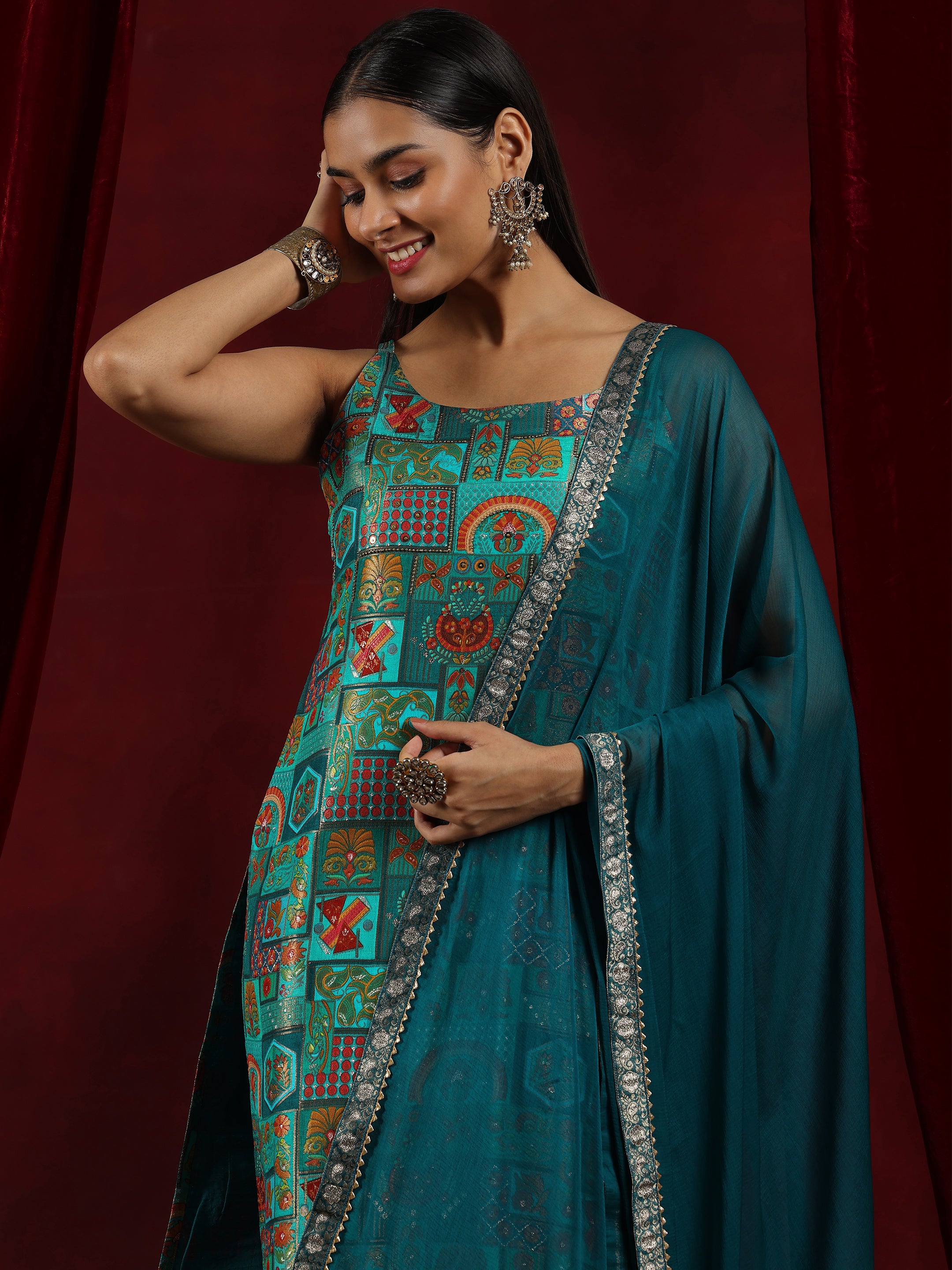 Libas Art Blue Woven Design Silk Blend Straight Suit With Dupatta