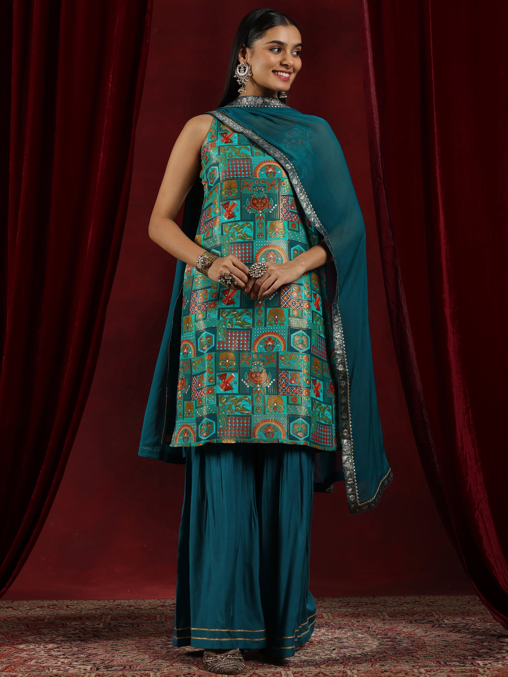 Libas Art Blue Woven Design Silk Blend Straight Suit With Dupatta