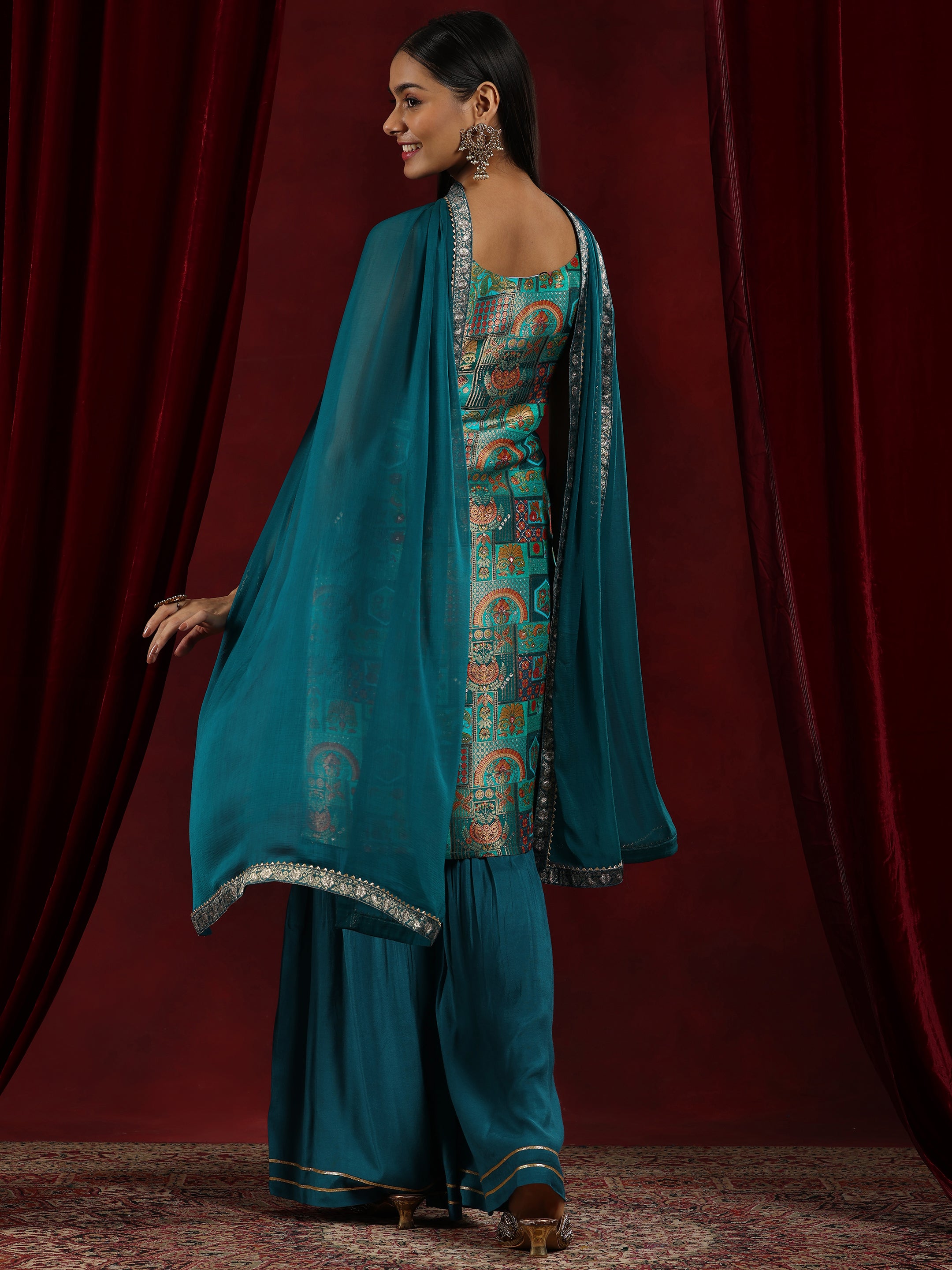 Libas Art Blue Woven Design Silk Blend Straight Suit With Dupatta