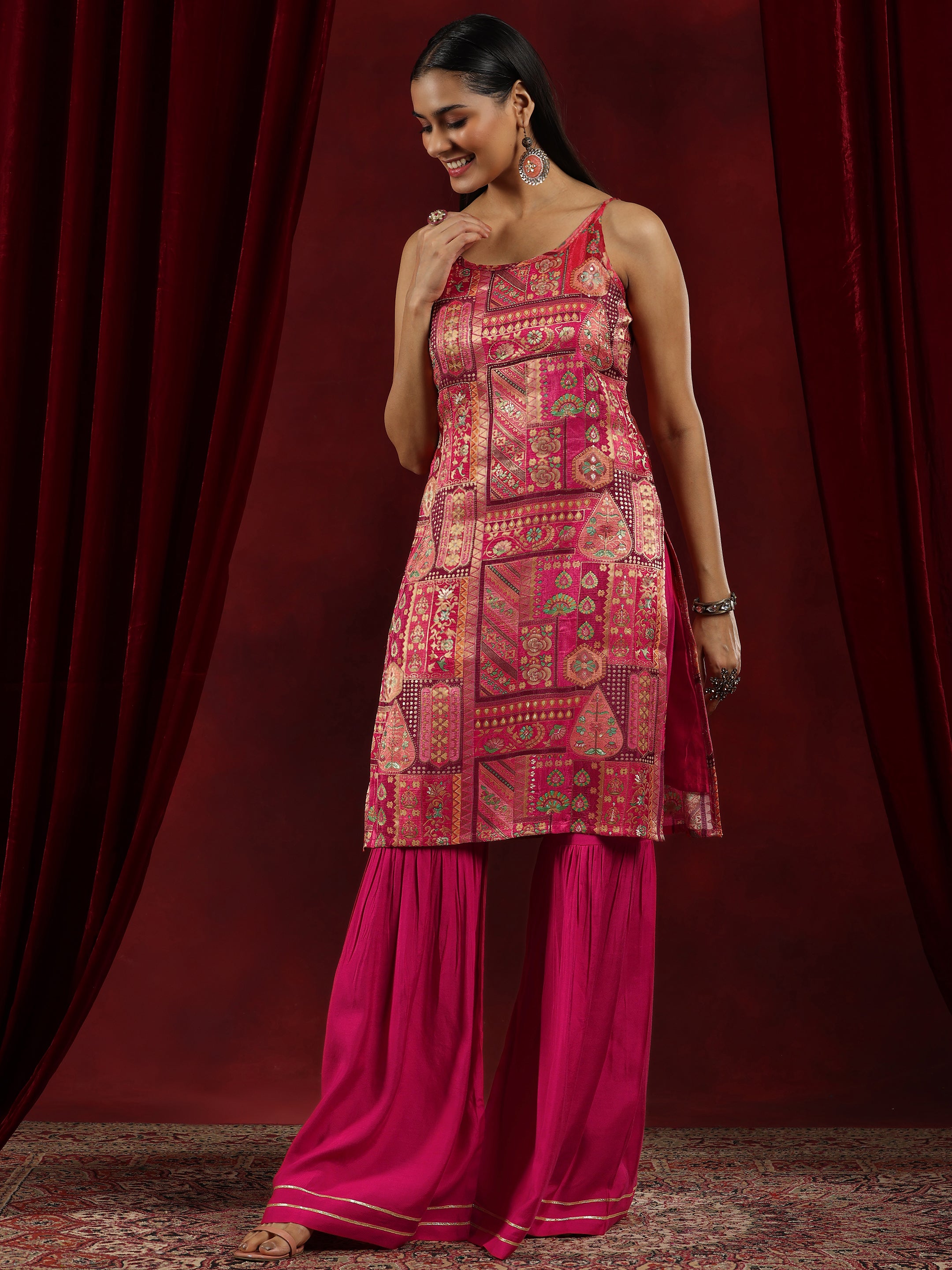 Libas Art Pink Woven Design Silk Blend Straight Suit With Dupatta