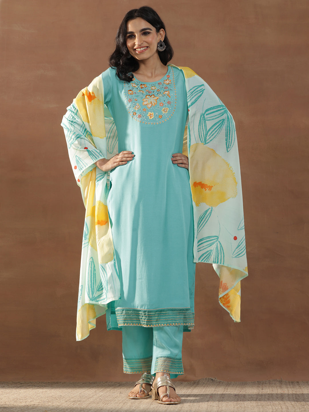 Turquoise Blue Yoke Design Cotton Blend Straight Suit With Dupatta