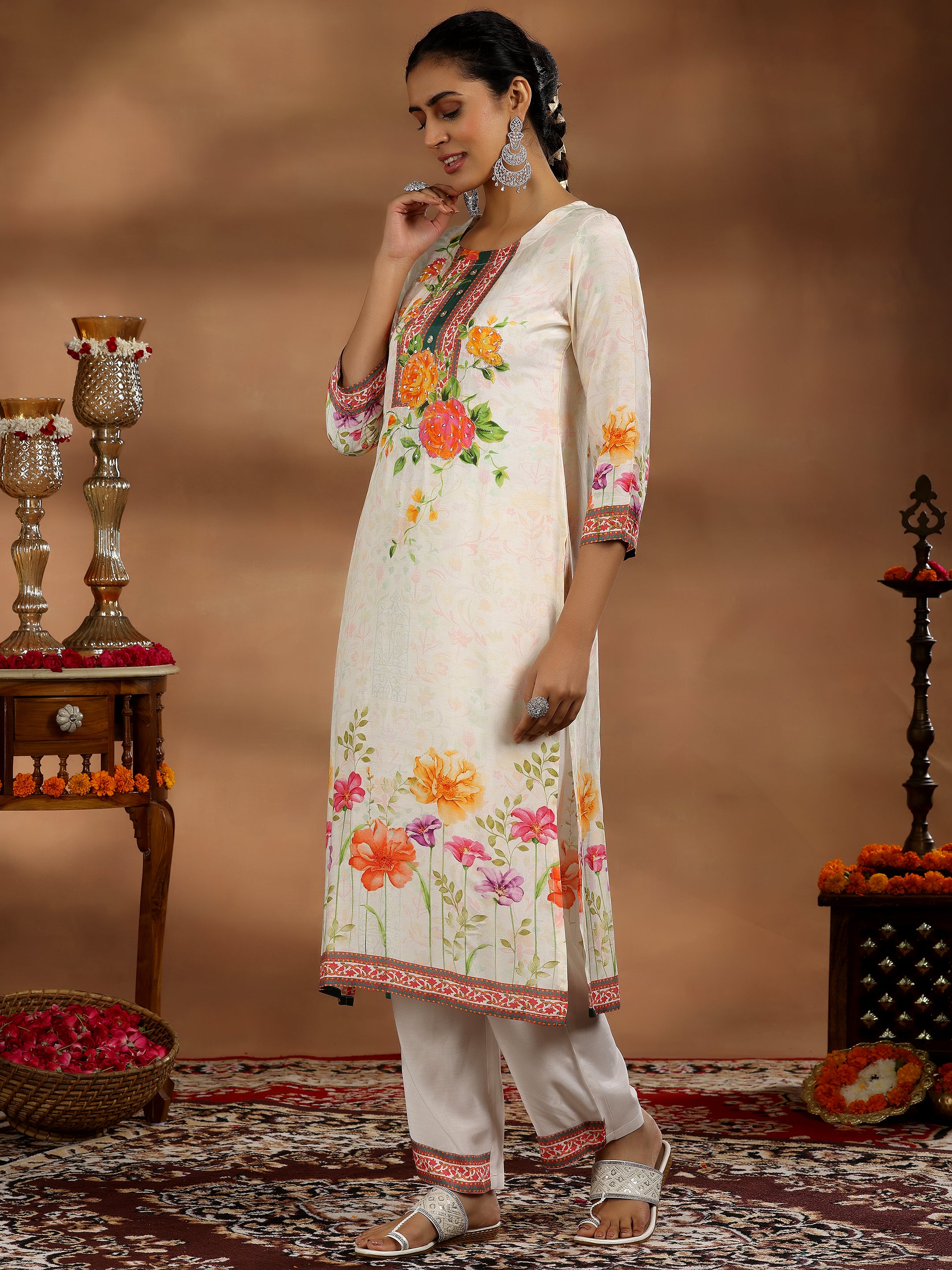 Off White Printed Cotton Blend Straight Suit With Dupatta