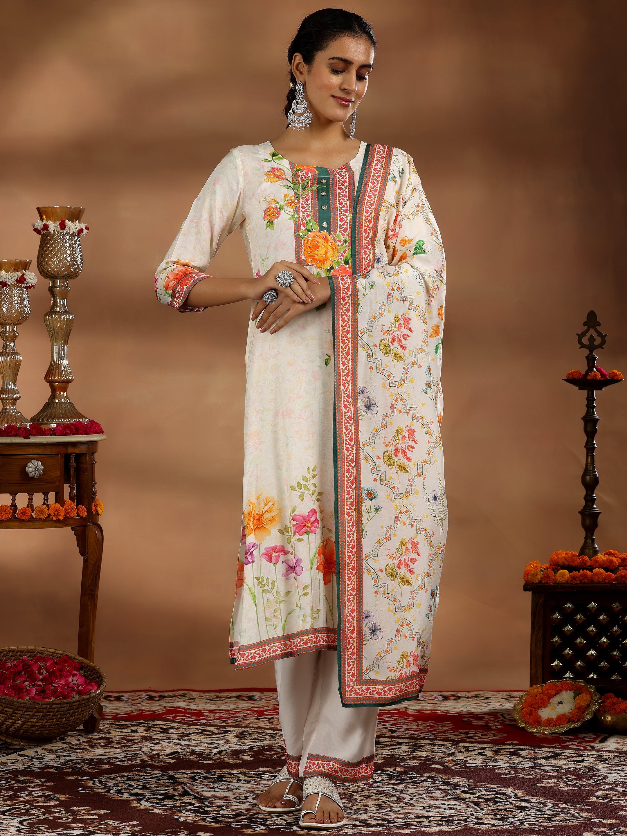 Off White Printed Cotton Blend Straight Suit With Dupatta