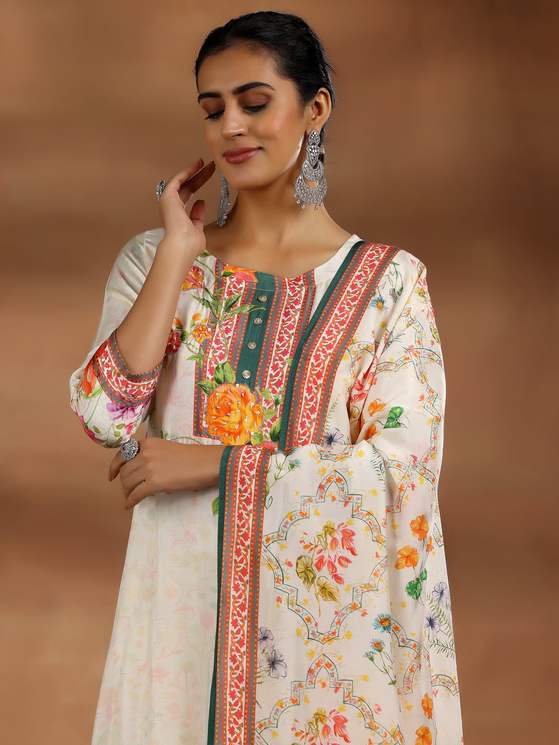 Off White Printed Cotton Blend Straight Suit With Dupatta