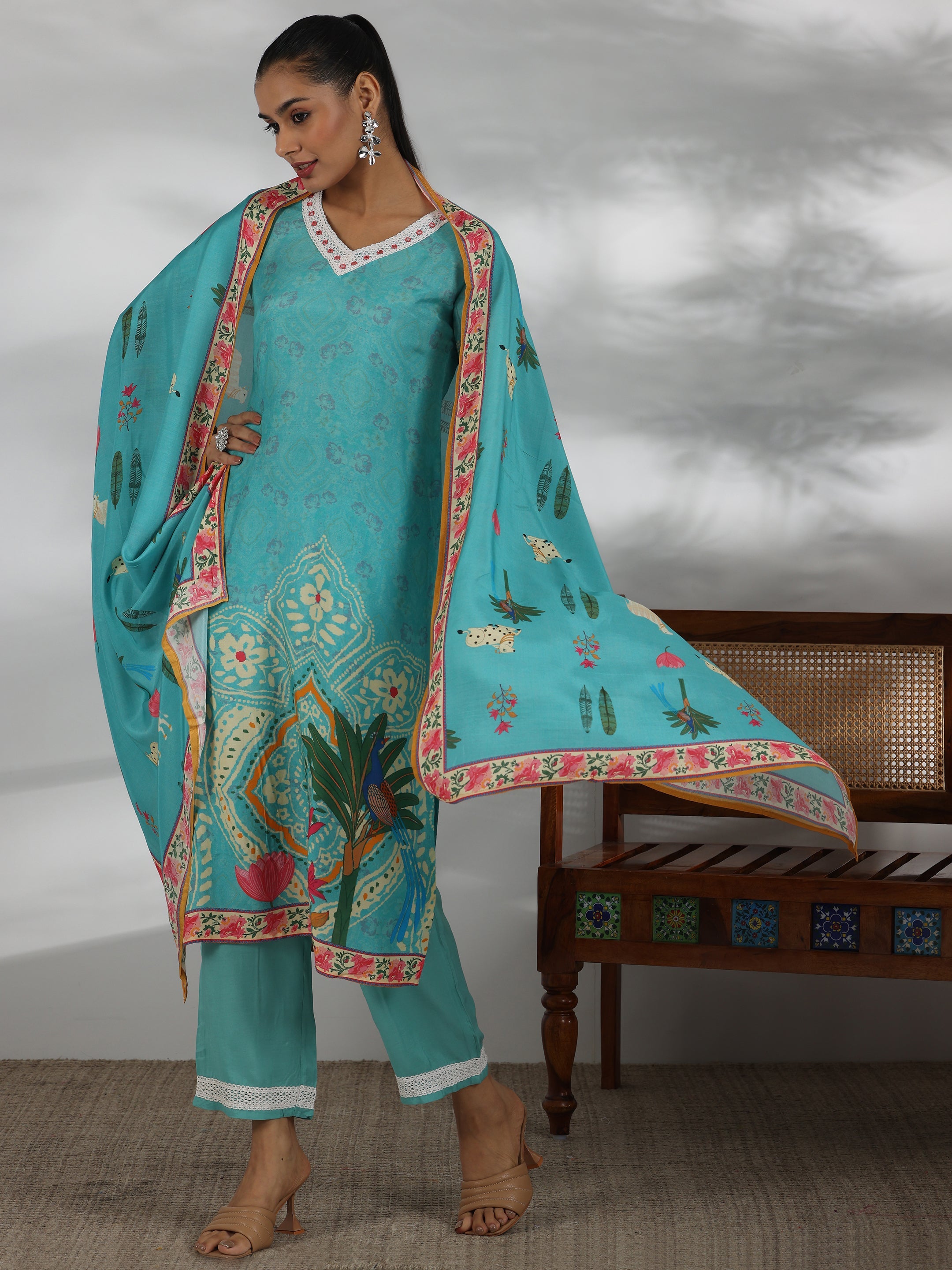 Turquoise Printed Cotton Blend Straight Suit With Dupatta