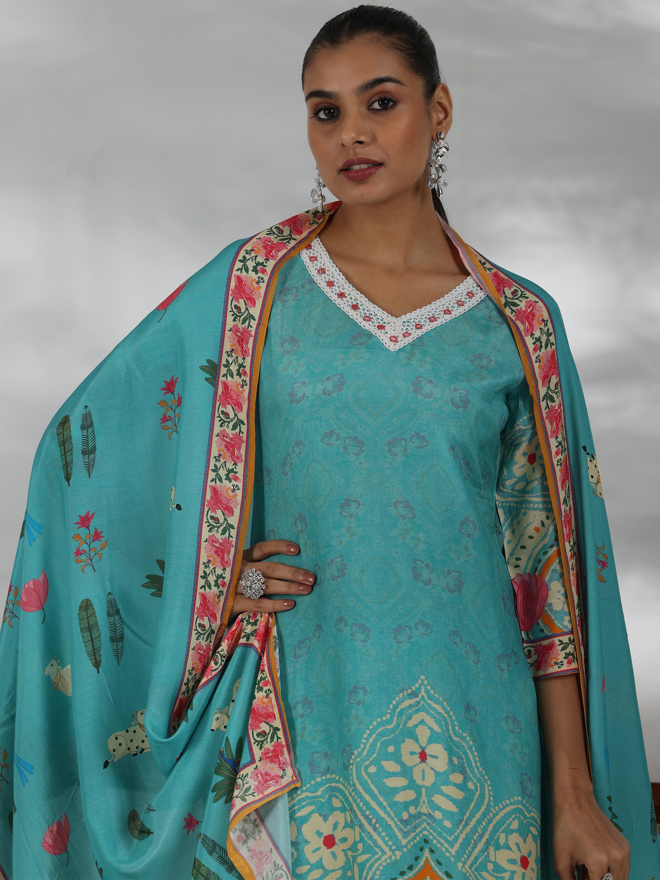 Turquoise Printed Cotton Blend Straight Suit With Dupatta