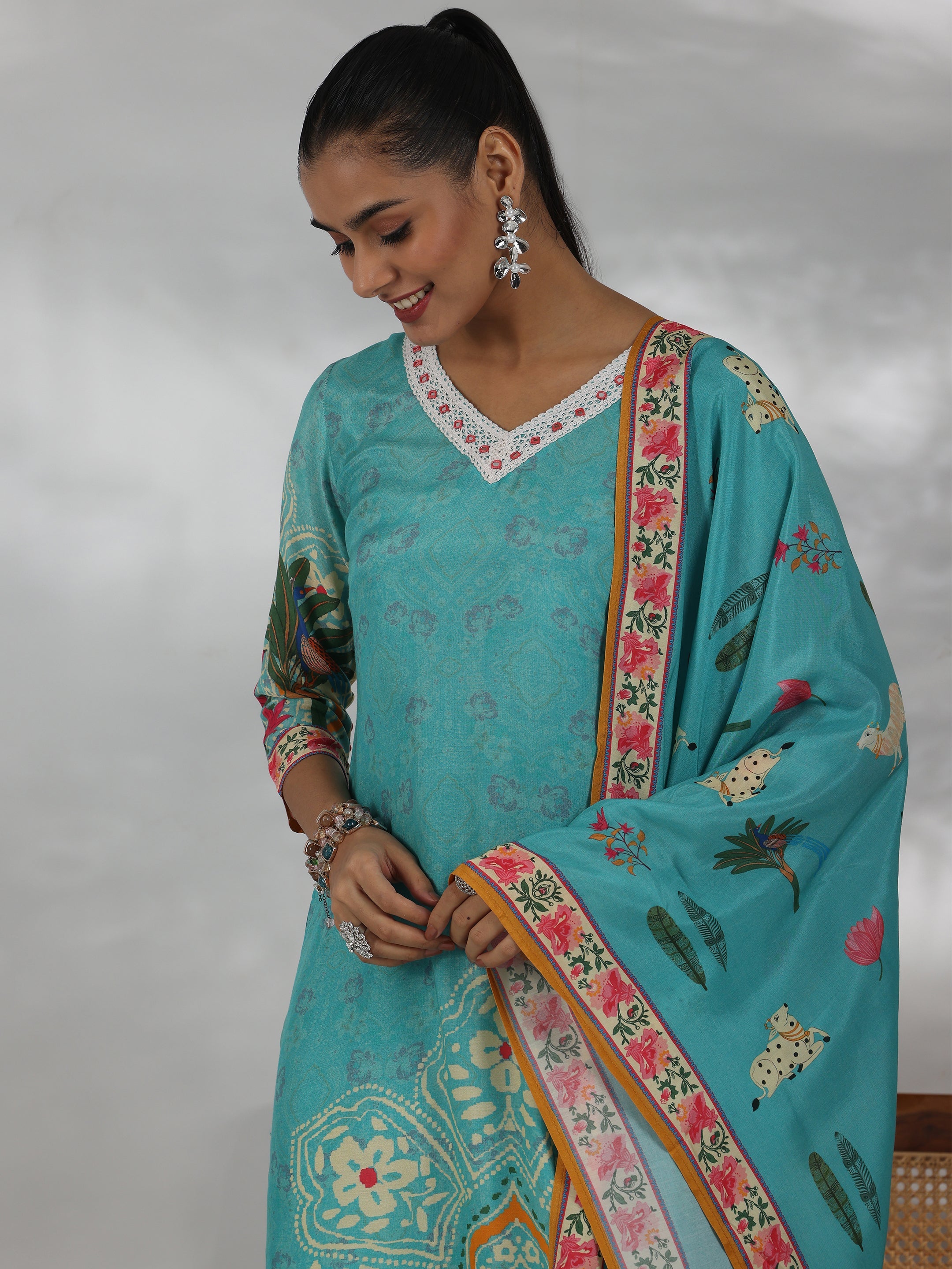 Turquoise Printed Cotton Blend Straight Suit With Dupatta