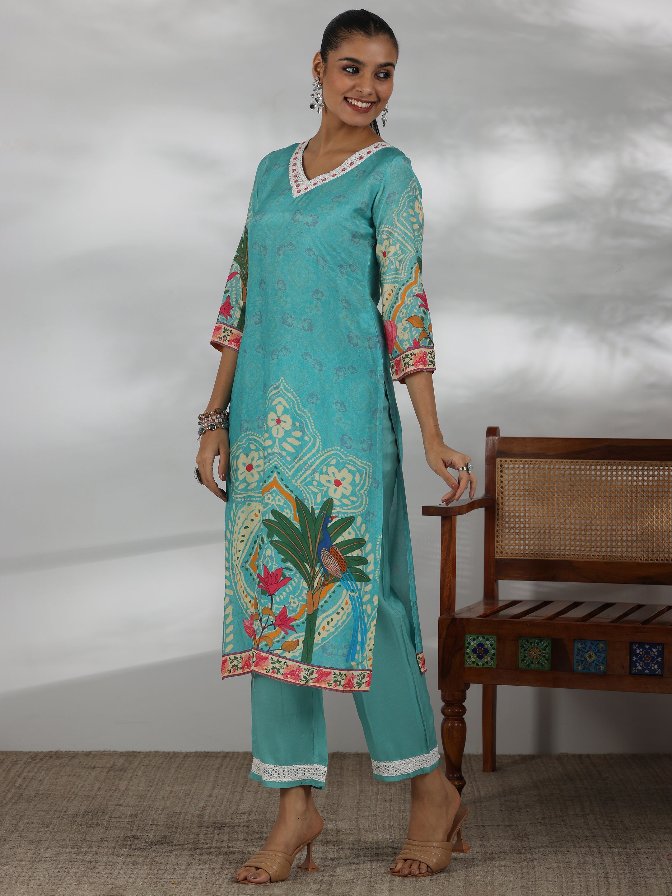 Turquoise Printed Cotton Blend Straight Suit With Dupatta