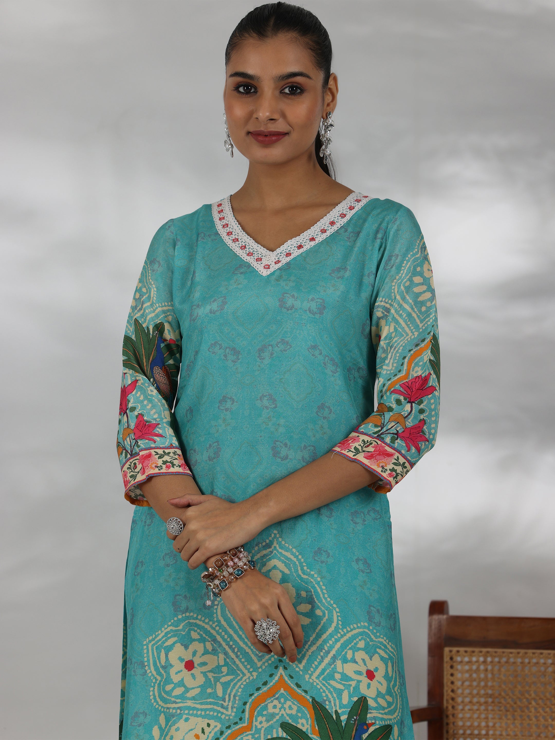 Turquoise Printed Cotton Blend Straight Suit With Dupatta