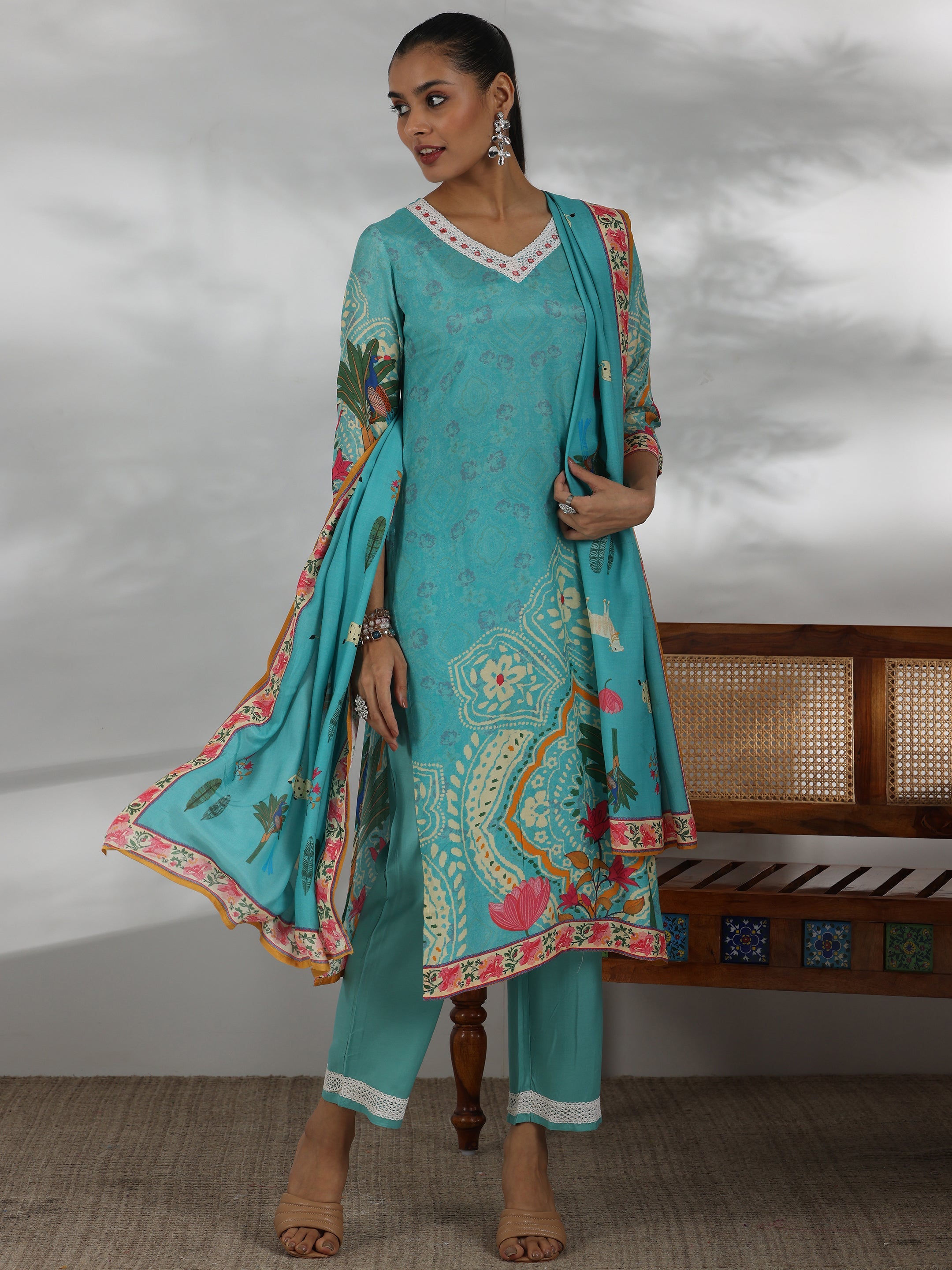 Turquoise Printed Cotton Blend Straight Suit With Dupatta