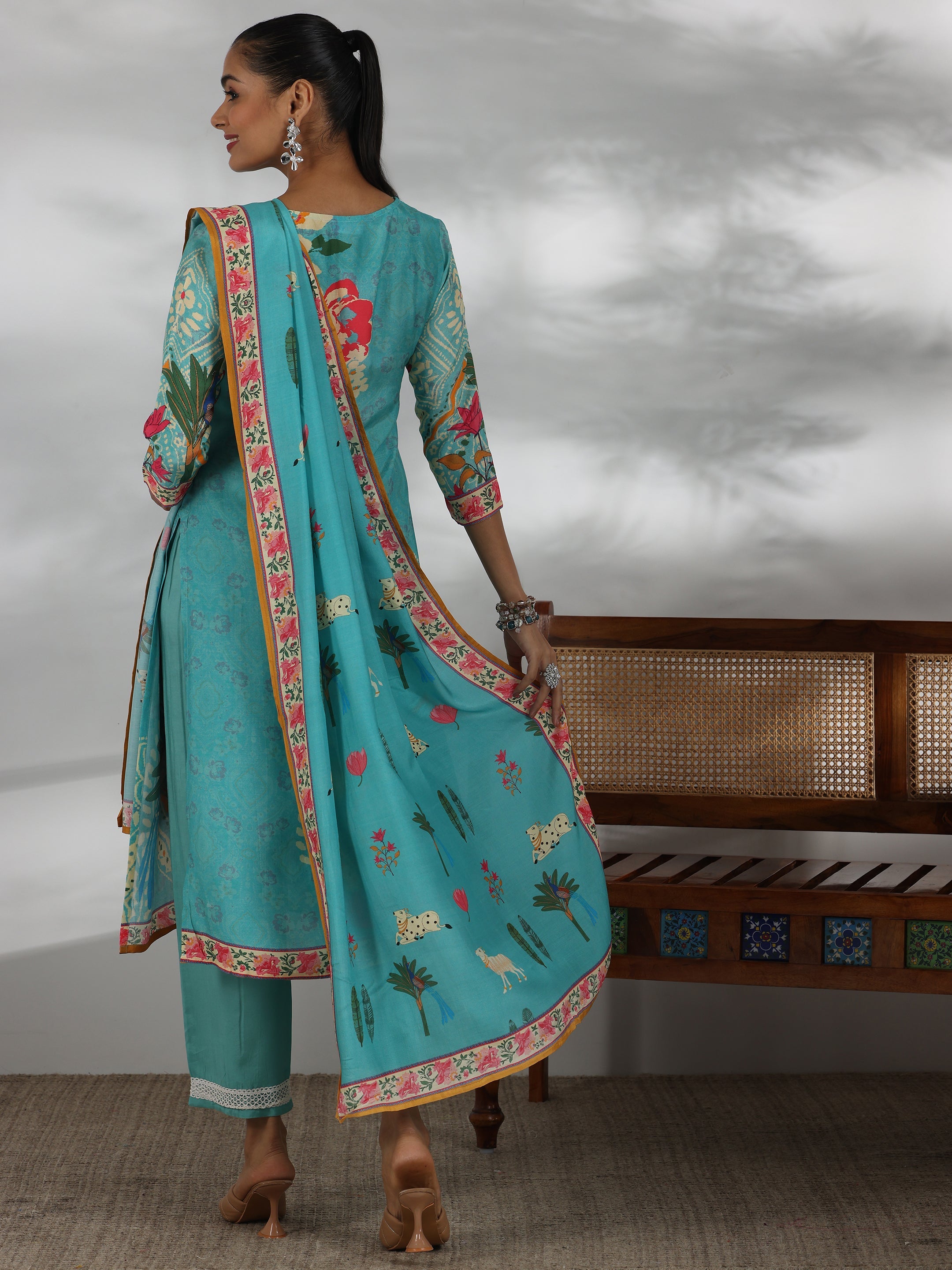 Turquoise Printed Cotton Blend Straight Suit With Dupatta