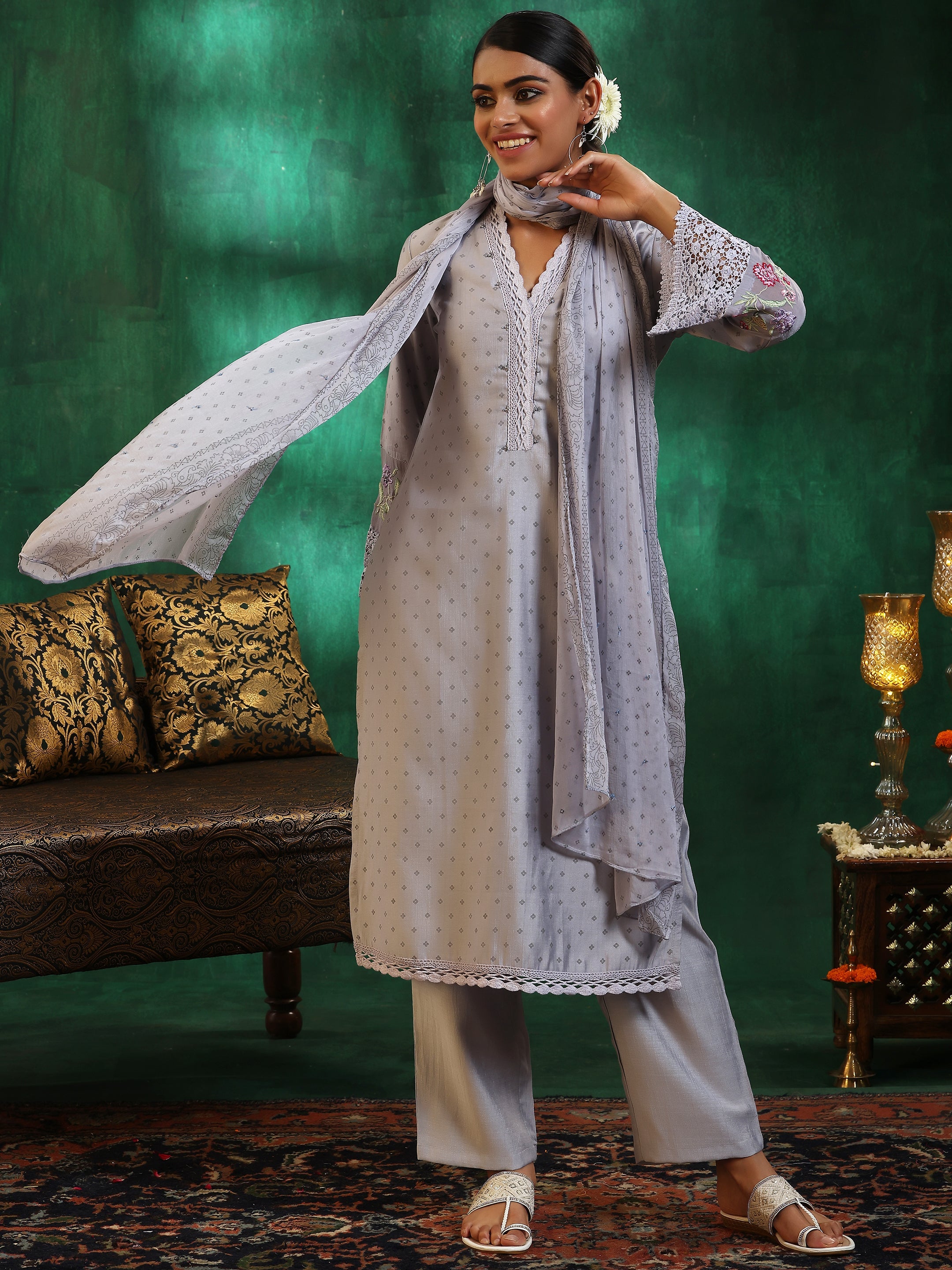 Grey Printed Silk Blend Straight Suit With Dupatta