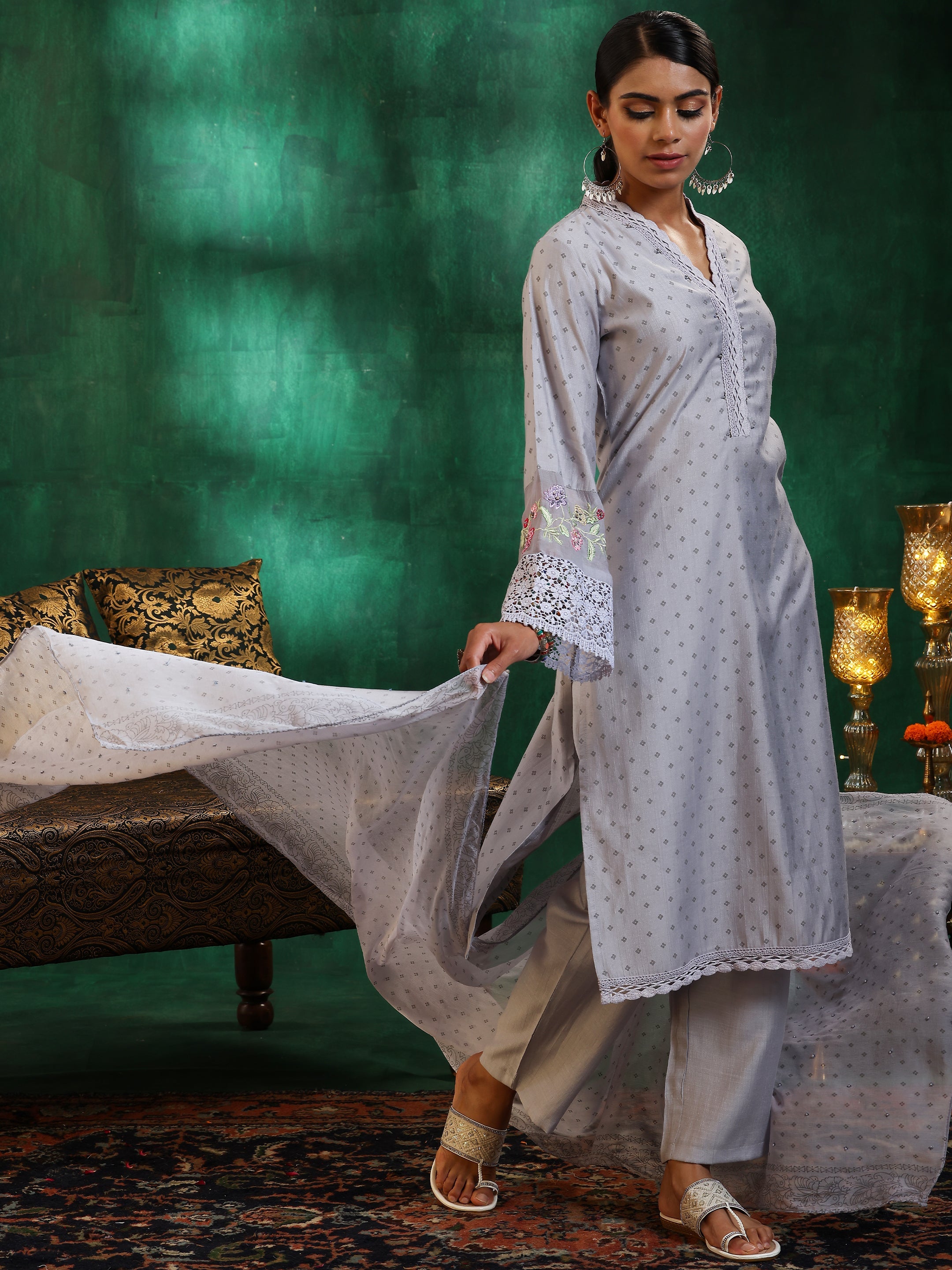 Grey Printed Silk Blend Straight Suit With Dupatta