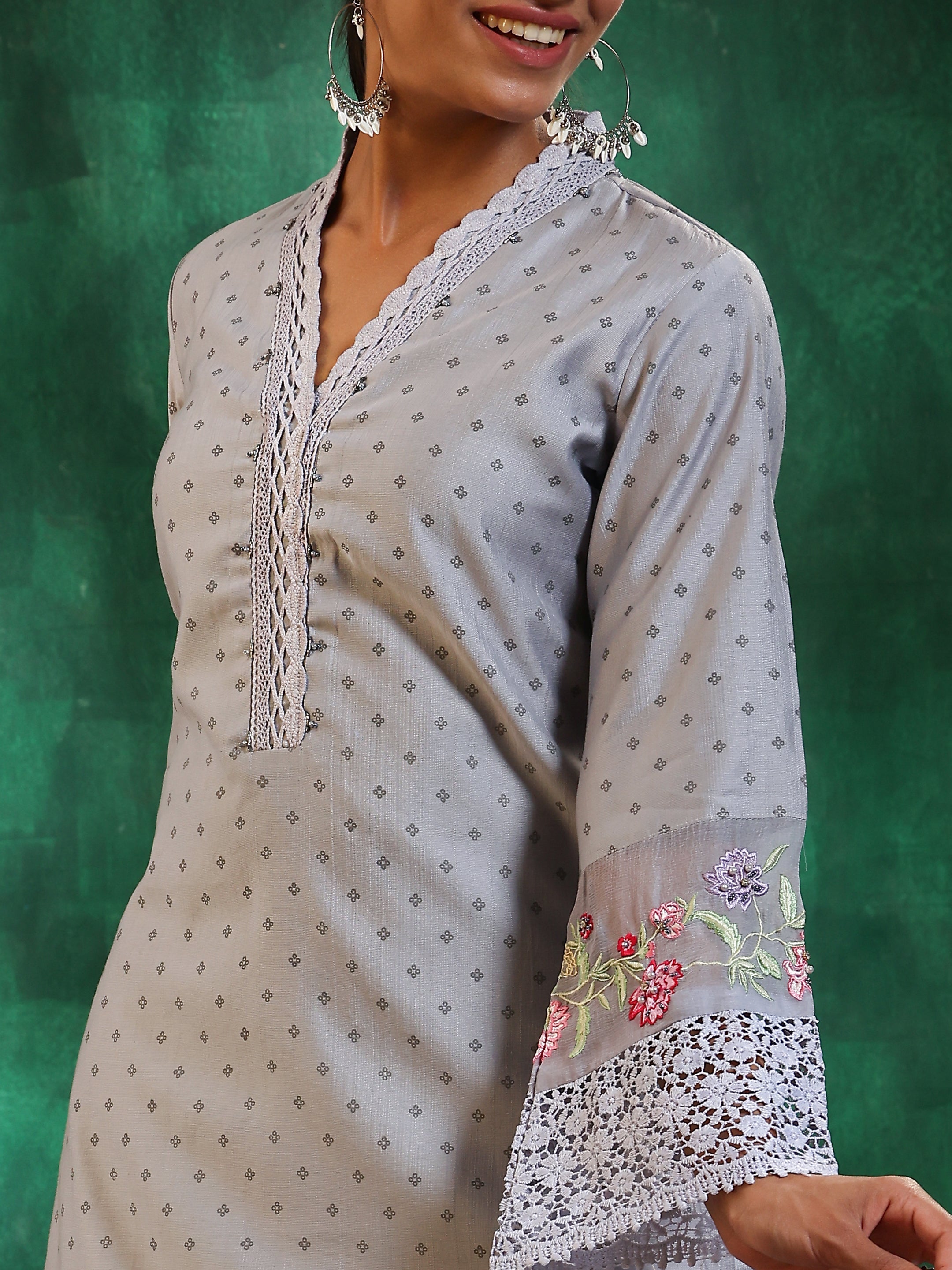 Grey Printed Silk Blend Straight Suit With Dupatta