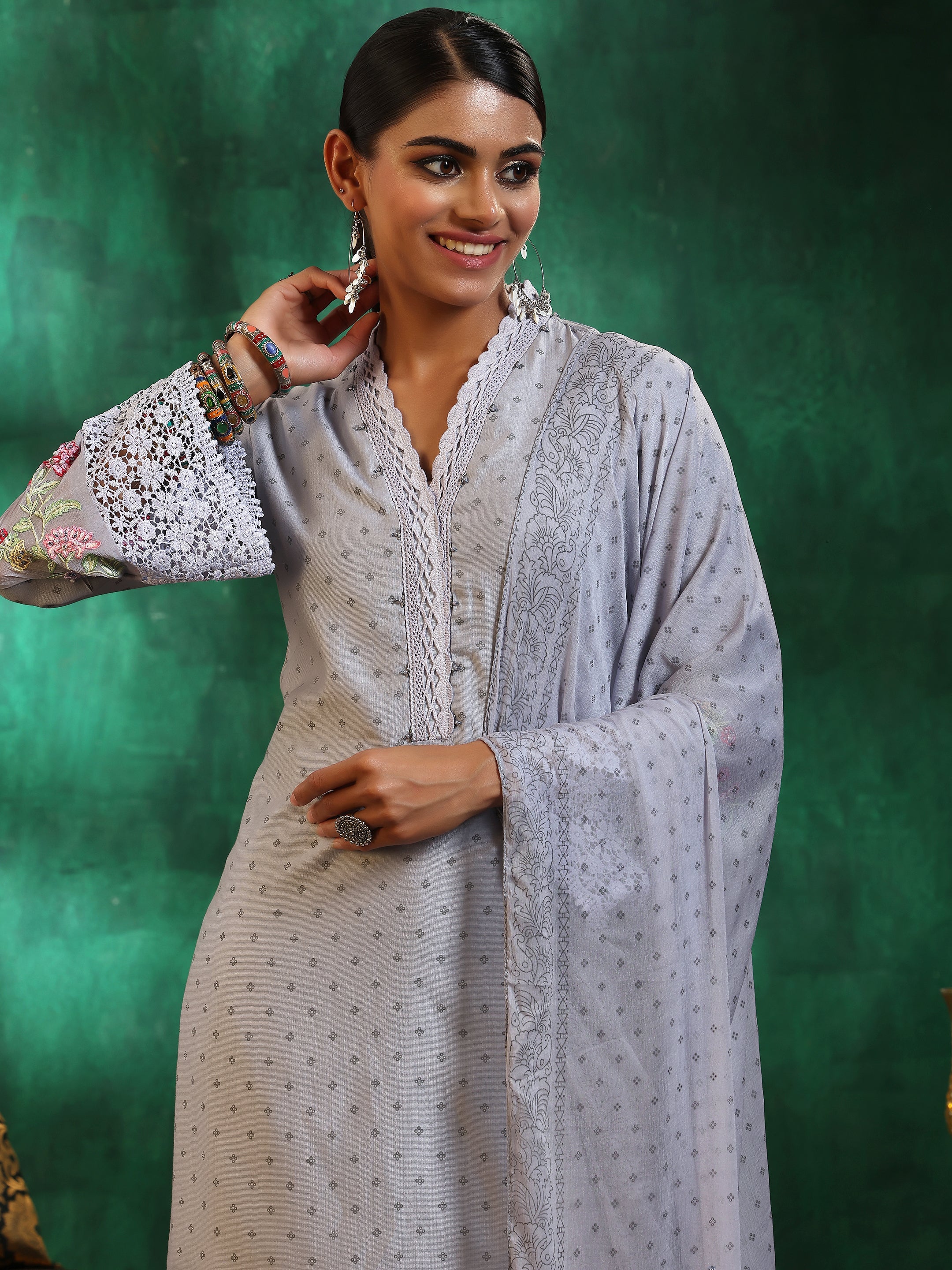 Grey Printed Silk Blend Straight Suit With Dupatta