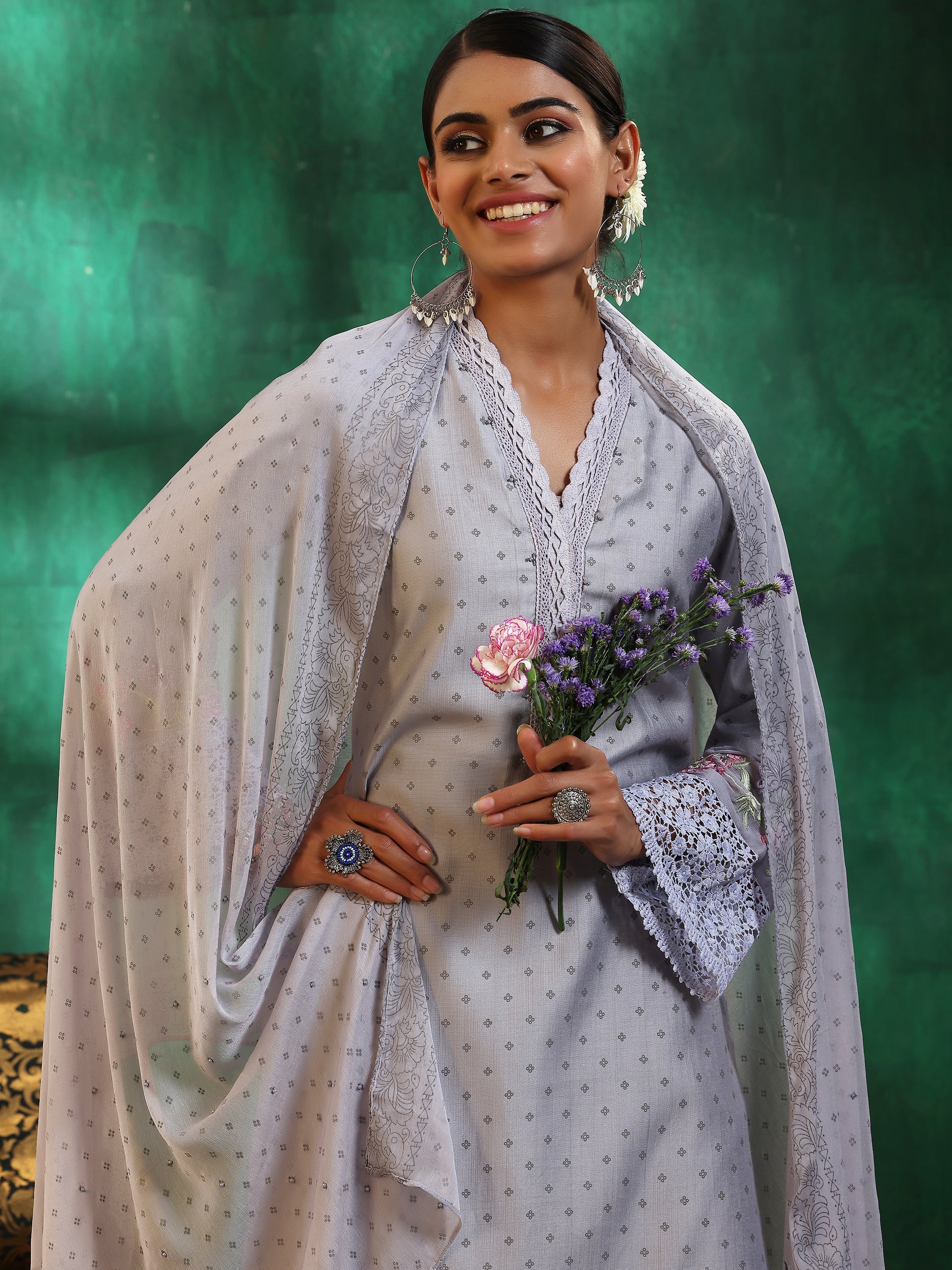 Grey Printed Silk Blend Straight Suit With Dupatta