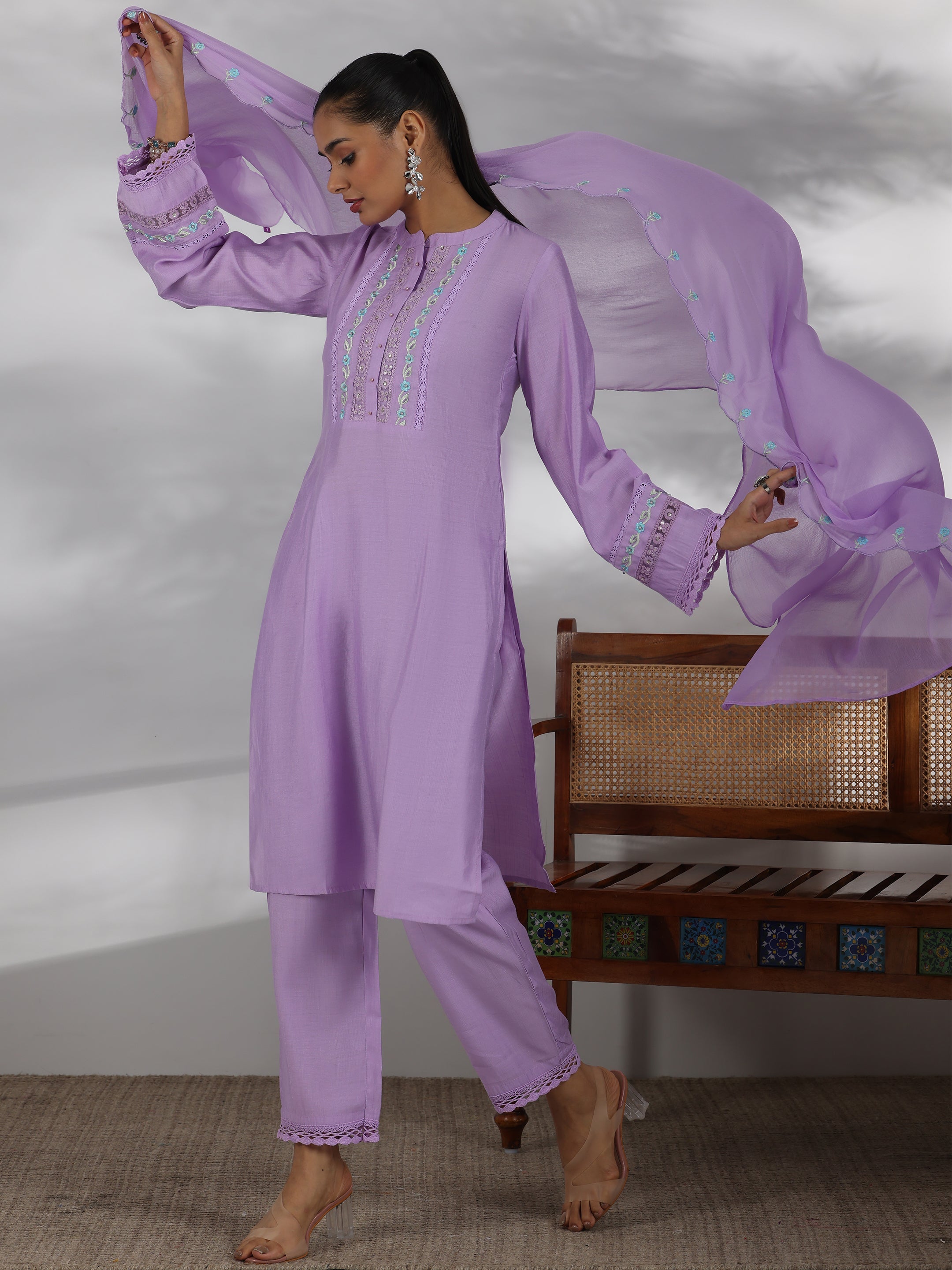 Lavender Yoke Design Silk Blend Straight Suit With Dupatta