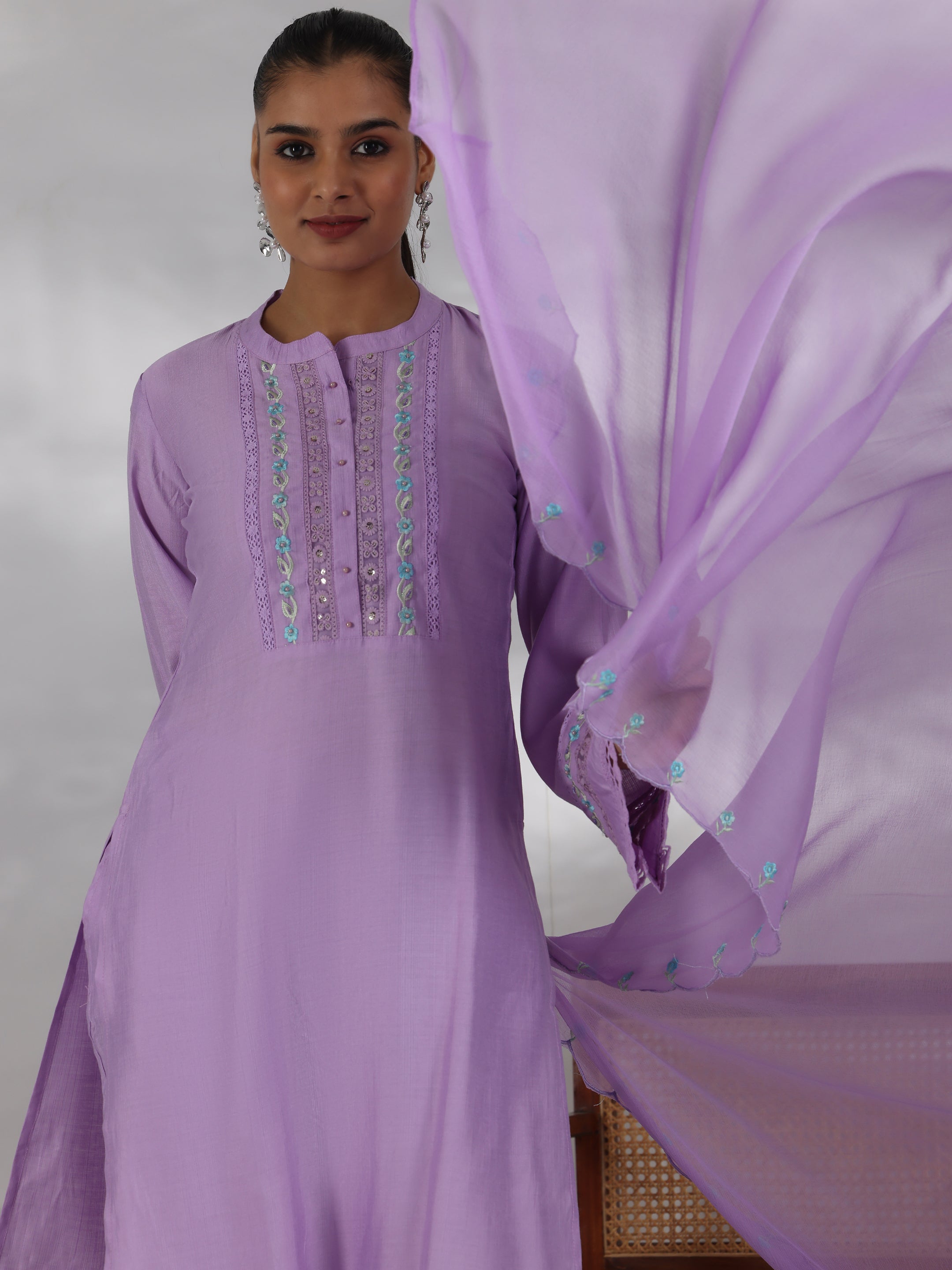 Lavender Yoke Design Silk Blend Straight Suit With Dupatta