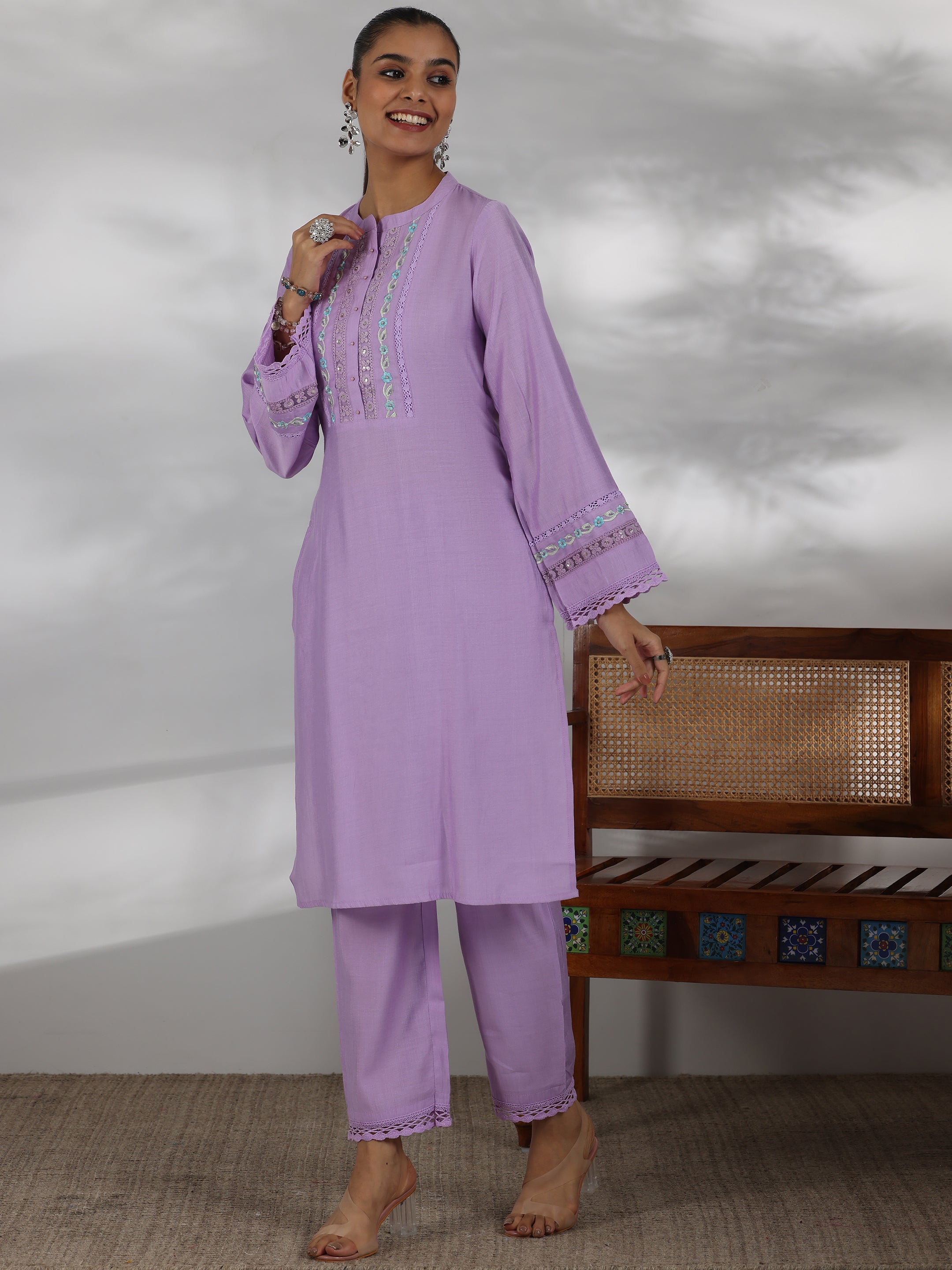 Lavender Yoke Design Silk Blend Straight Suit With Dupatta