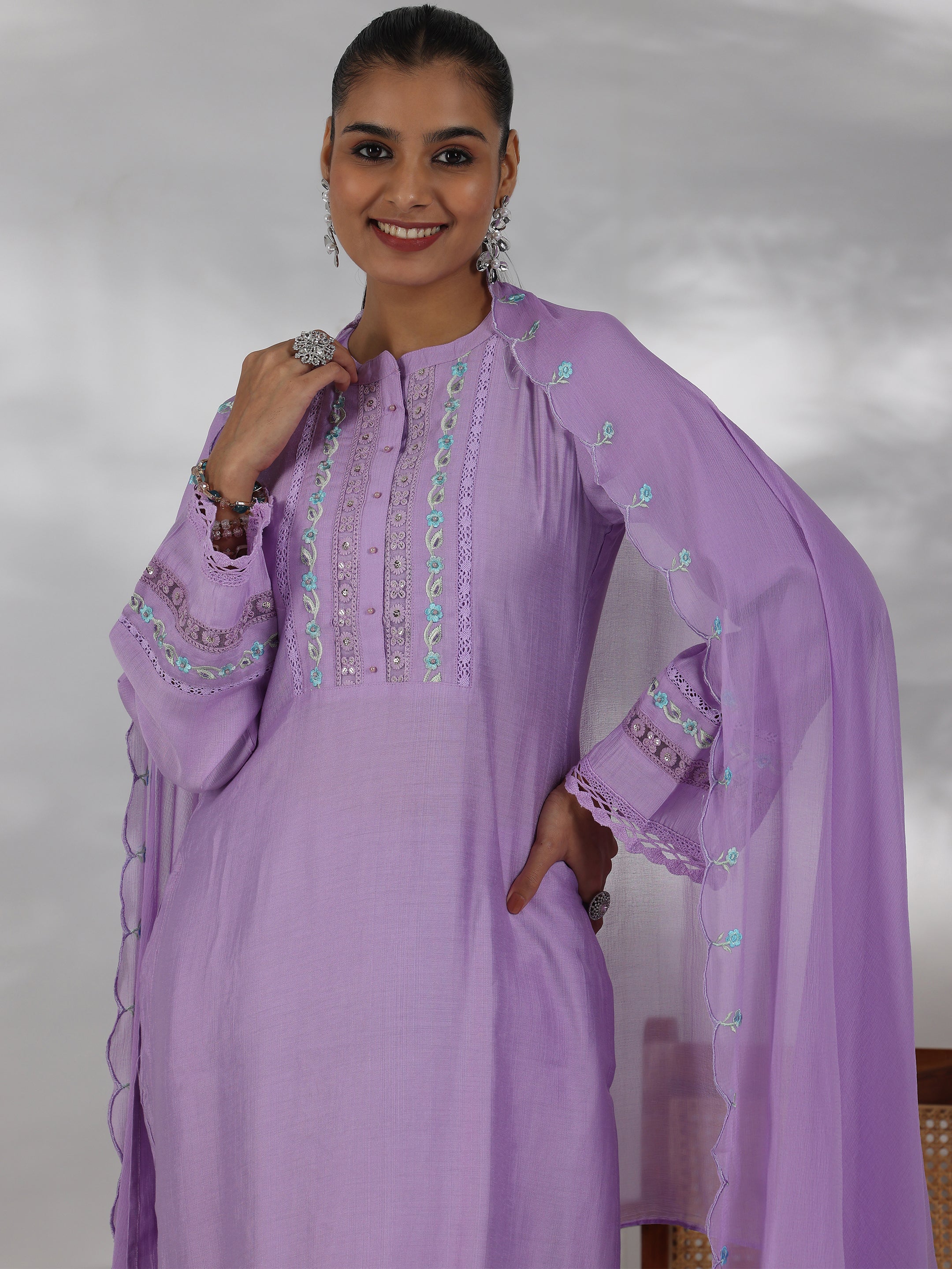 Lavender Yoke Design Silk Blend Straight Suit With Dupatta