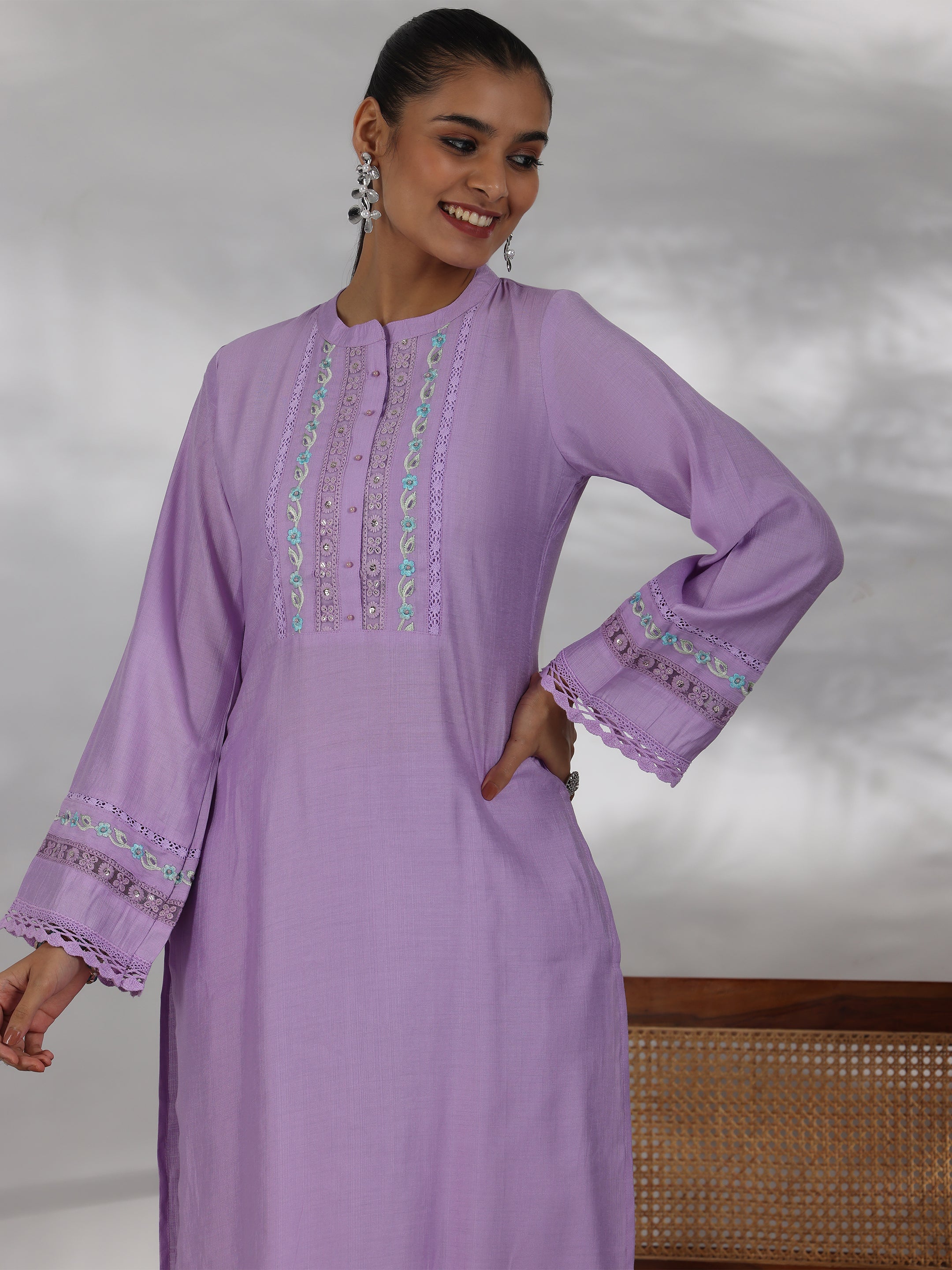 Lavender Yoke Design Silk Blend Straight Suit With Dupatta