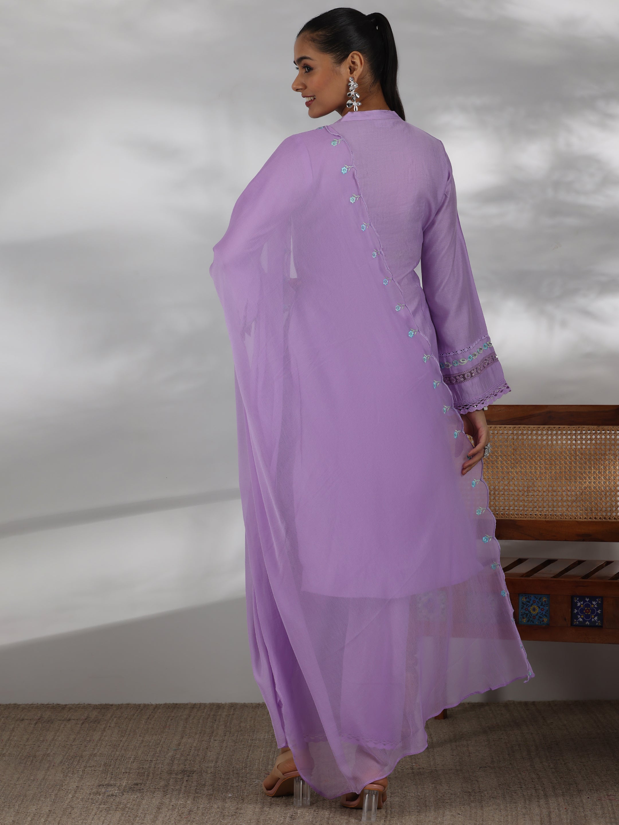 Lavender Yoke Design Silk Blend Straight Suit With Dupatta