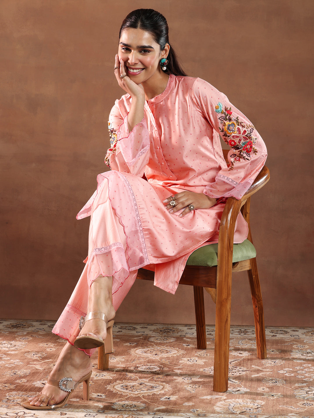 Pink Printed Silk Blend Straight Kurta Set