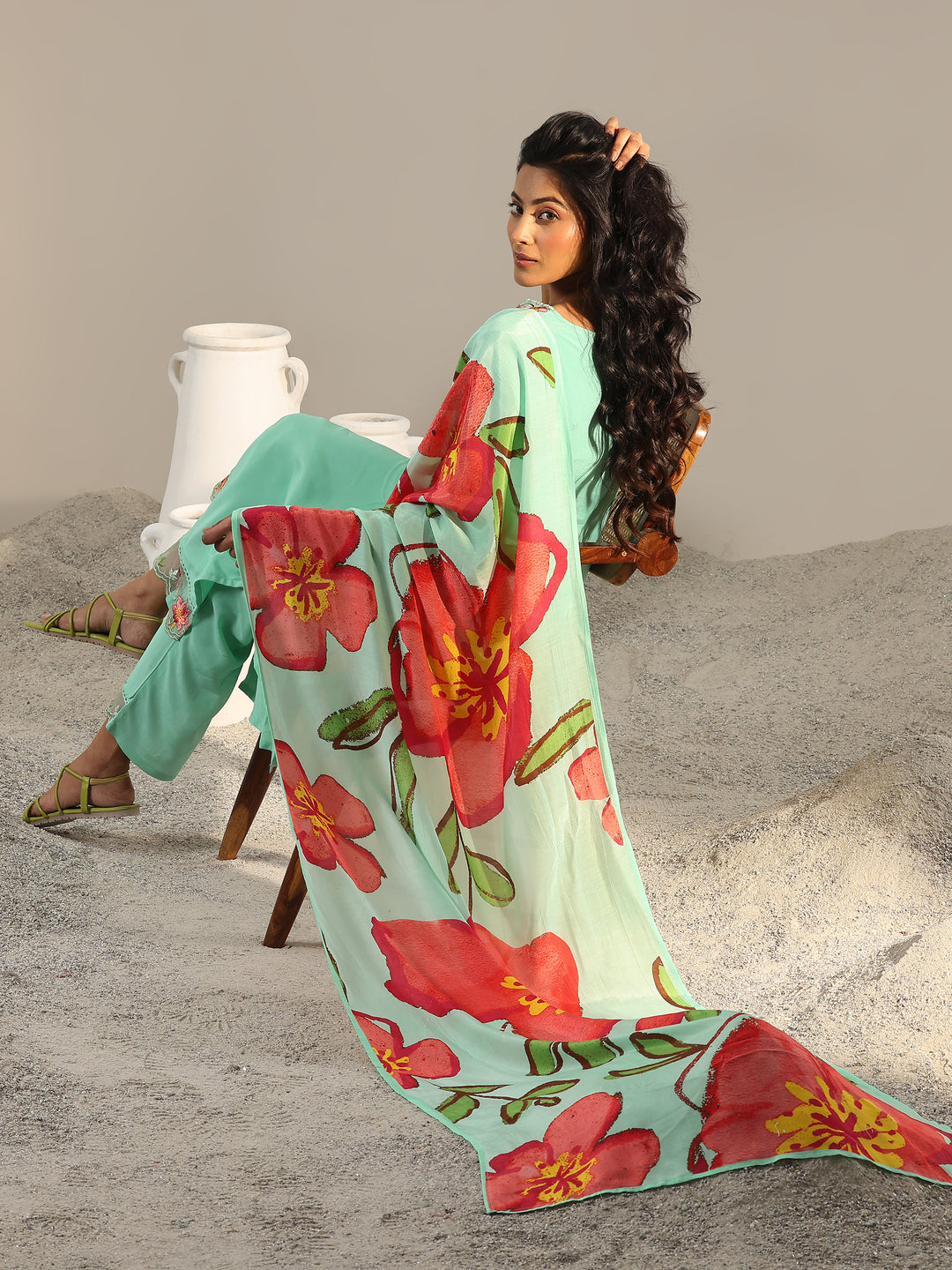 Sea Green Yoke Design Cotton Blend Straight Suit With Dupatta