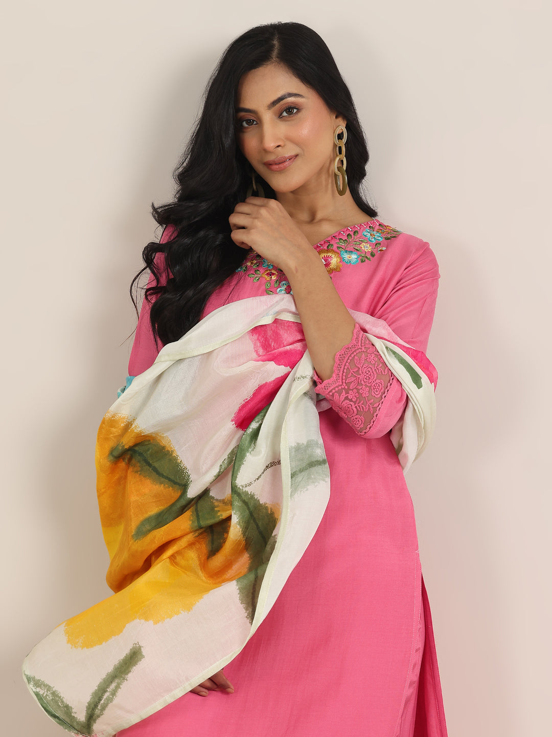 Pink Yoke Design Cotton Blend Straight Suit With Dupatta