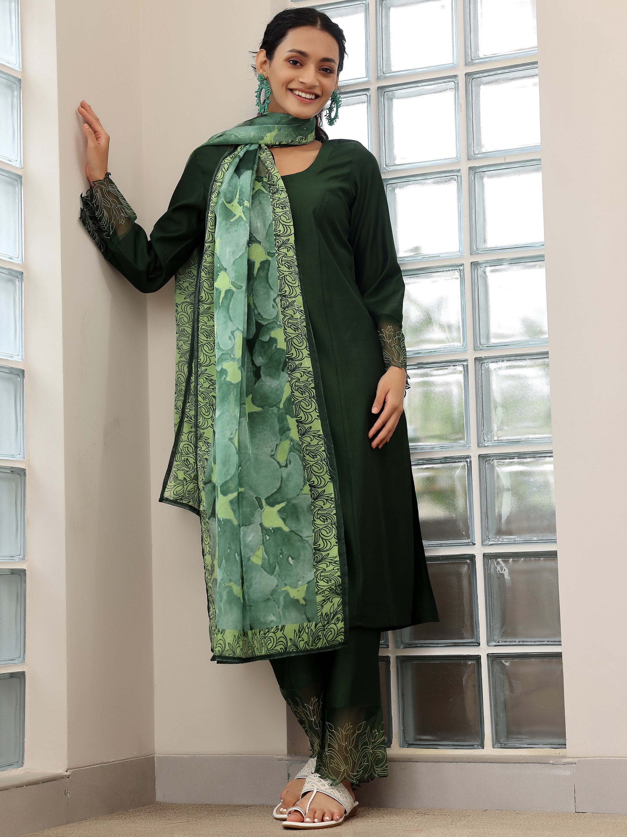 Green Yoke Design Silk Blend Straight Suit With Dupatta