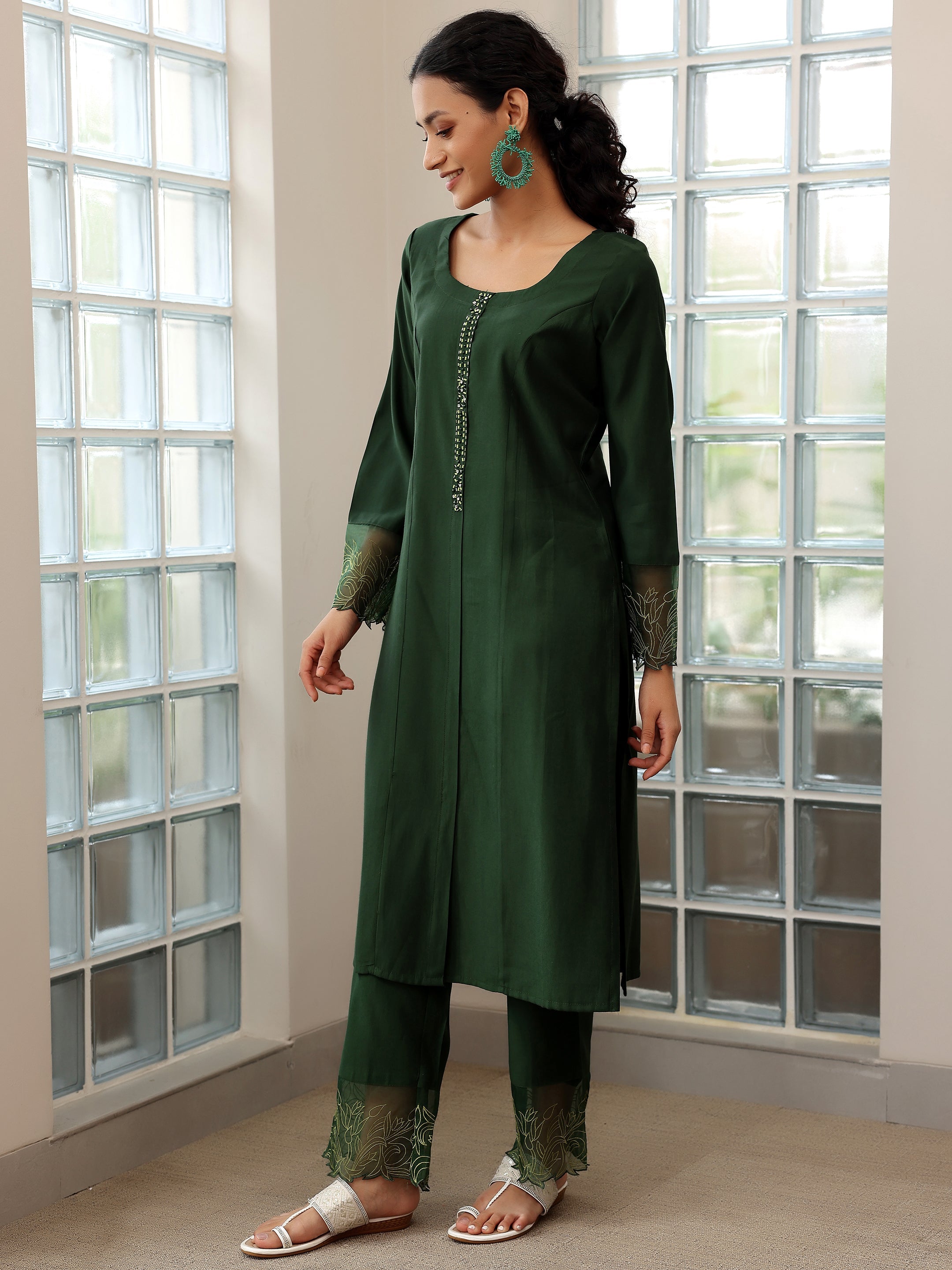 Green Yoke Design Silk Blend Straight Suit With Dupatta