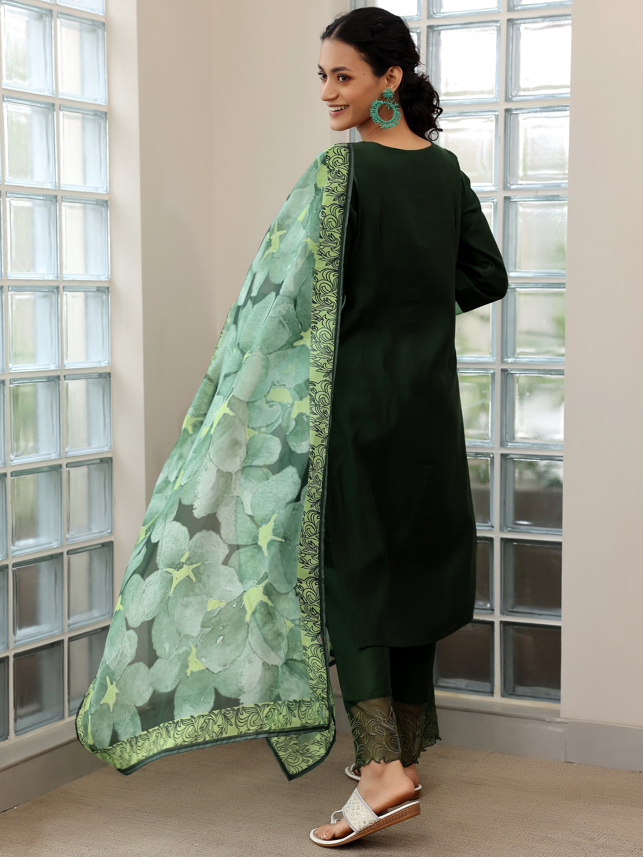 Green Yoke Design Silk Blend Straight Suit With Dupatta