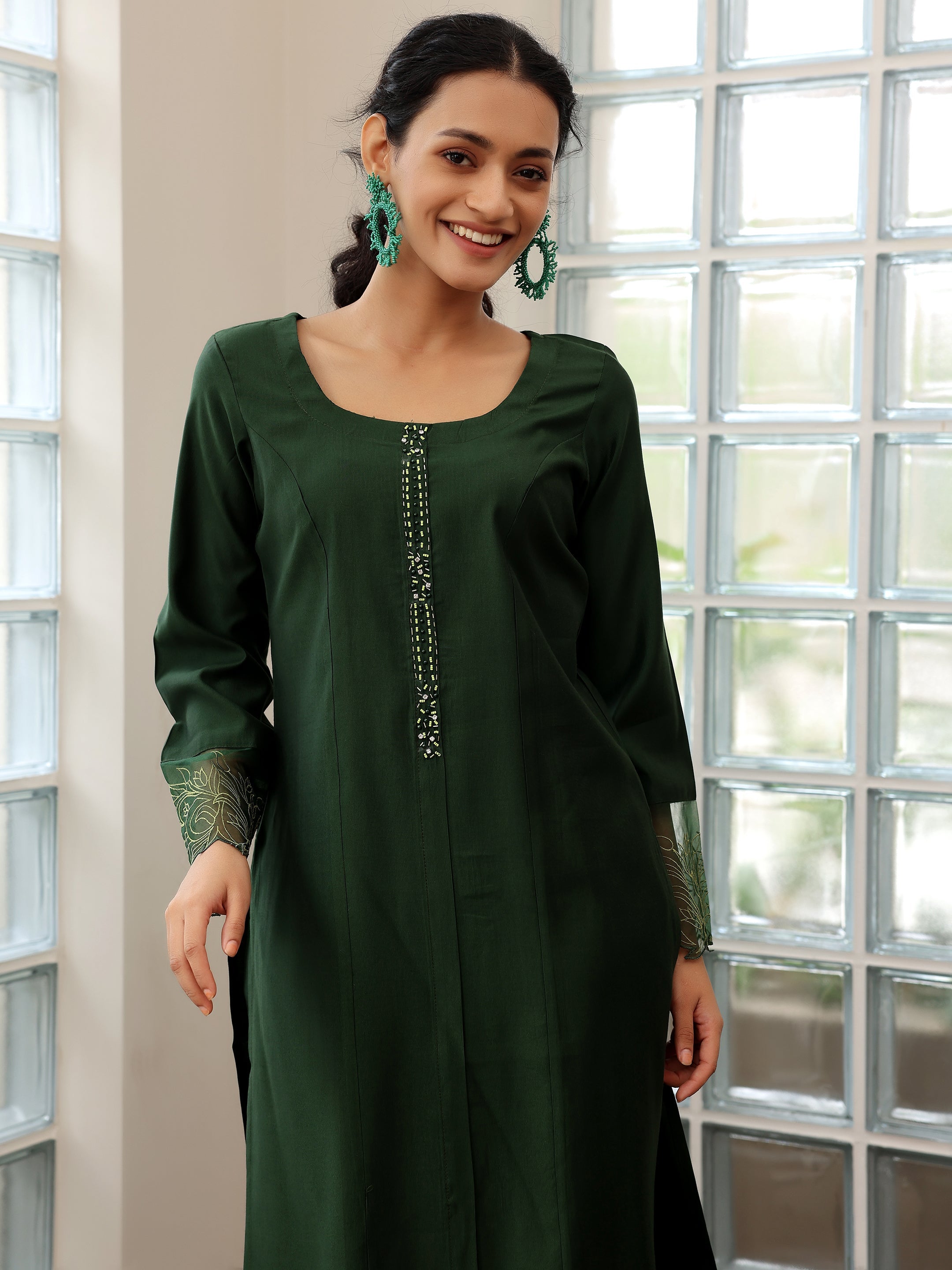 Green Yoke Design Silk Blend Straight Suit With Dupatta