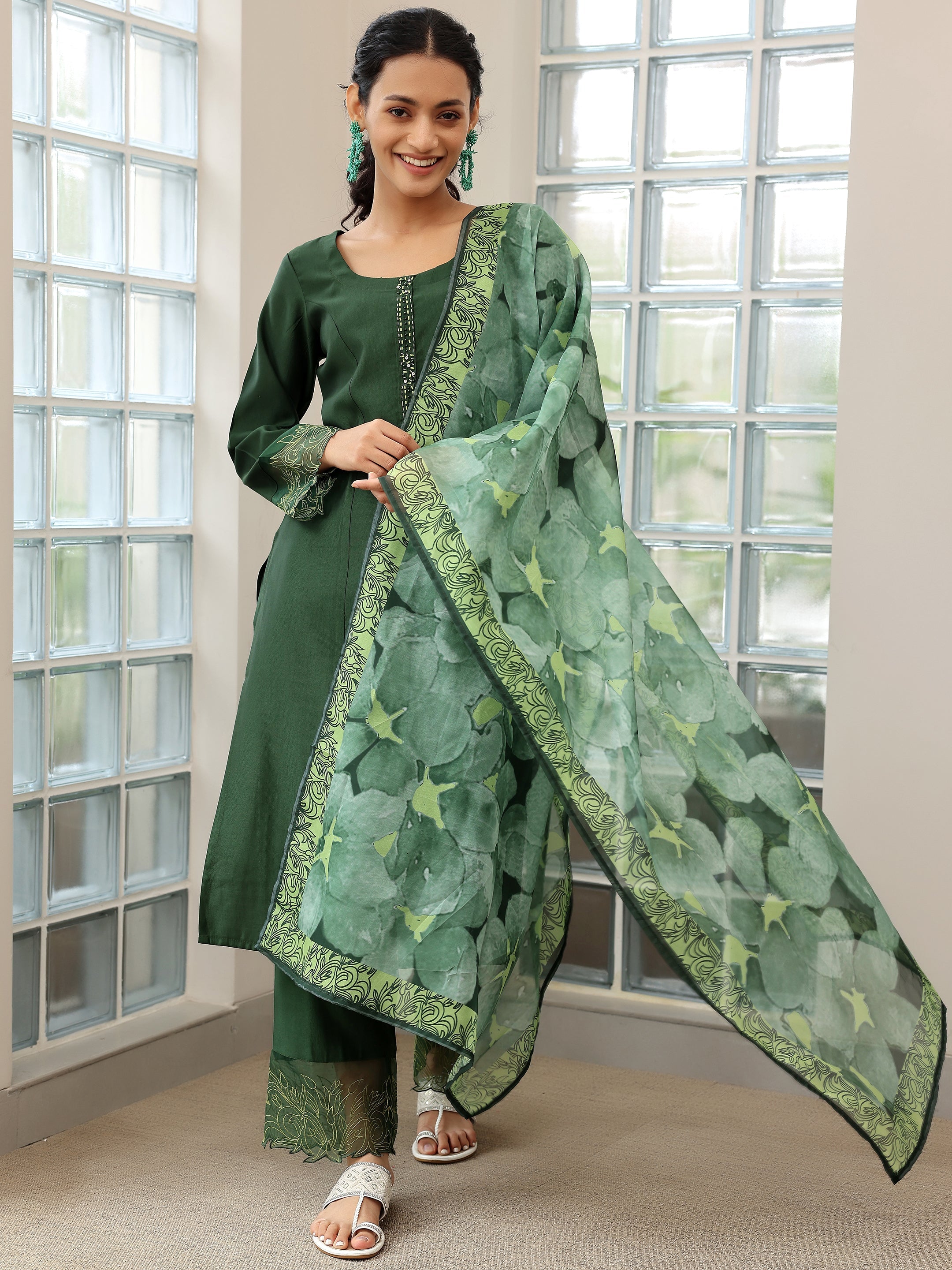 Green Yoke Design Silk Blend Straight Suit With Dupatta