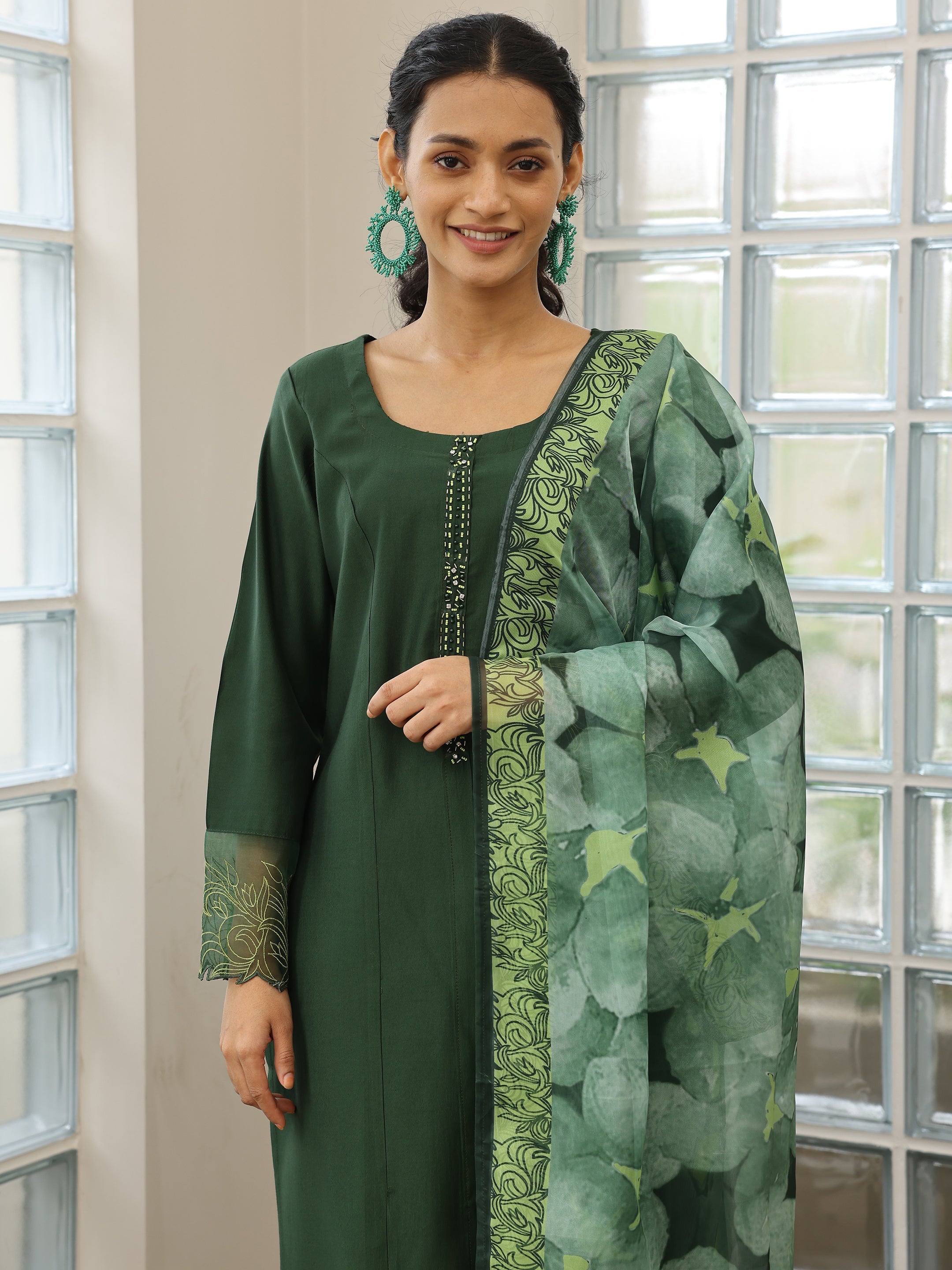 Green Yoke Design Silk Blend Straight Suit With Dupatta