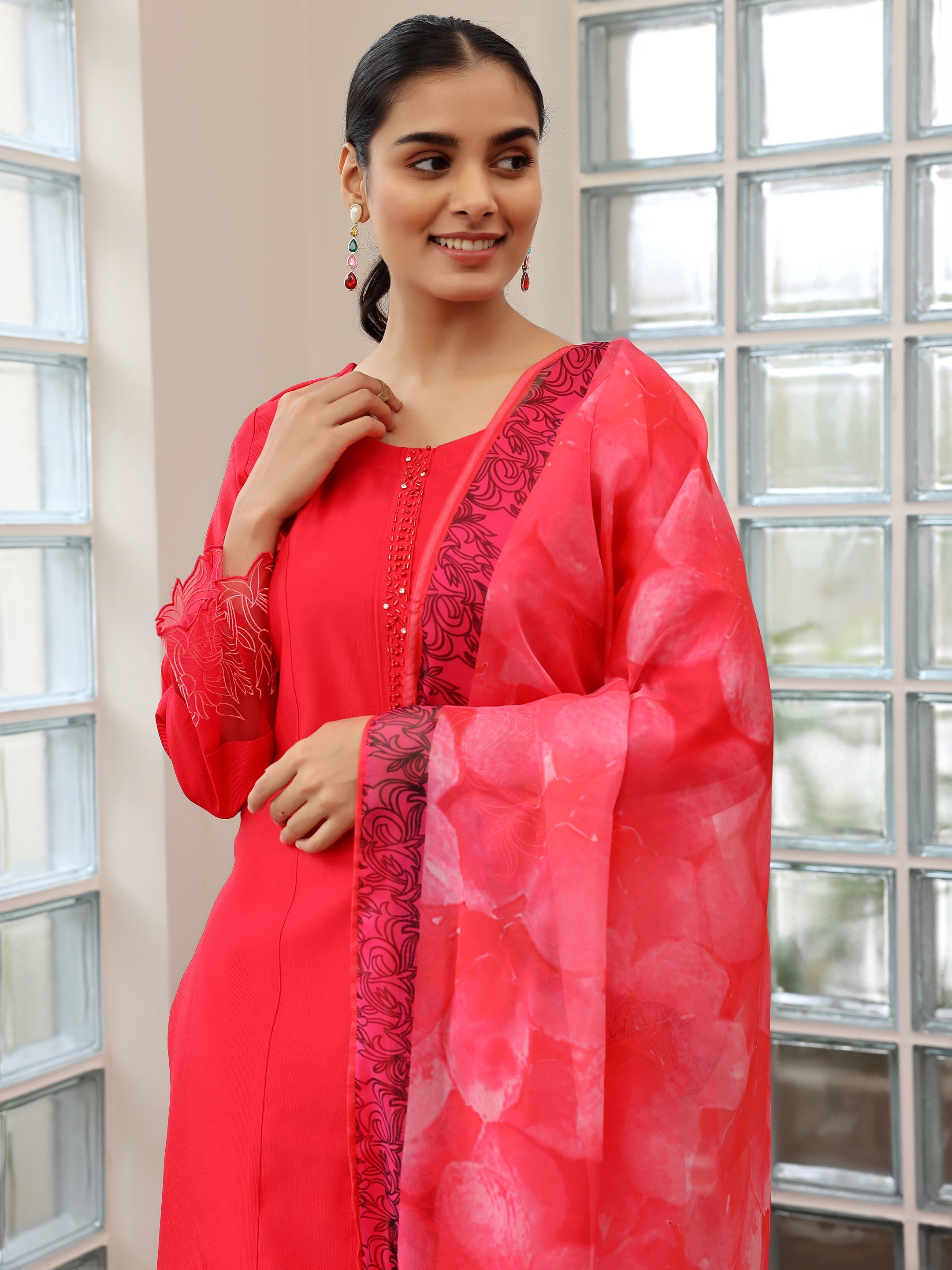 Red Yoke Design Silk Blend Straight Suit With Dupatta