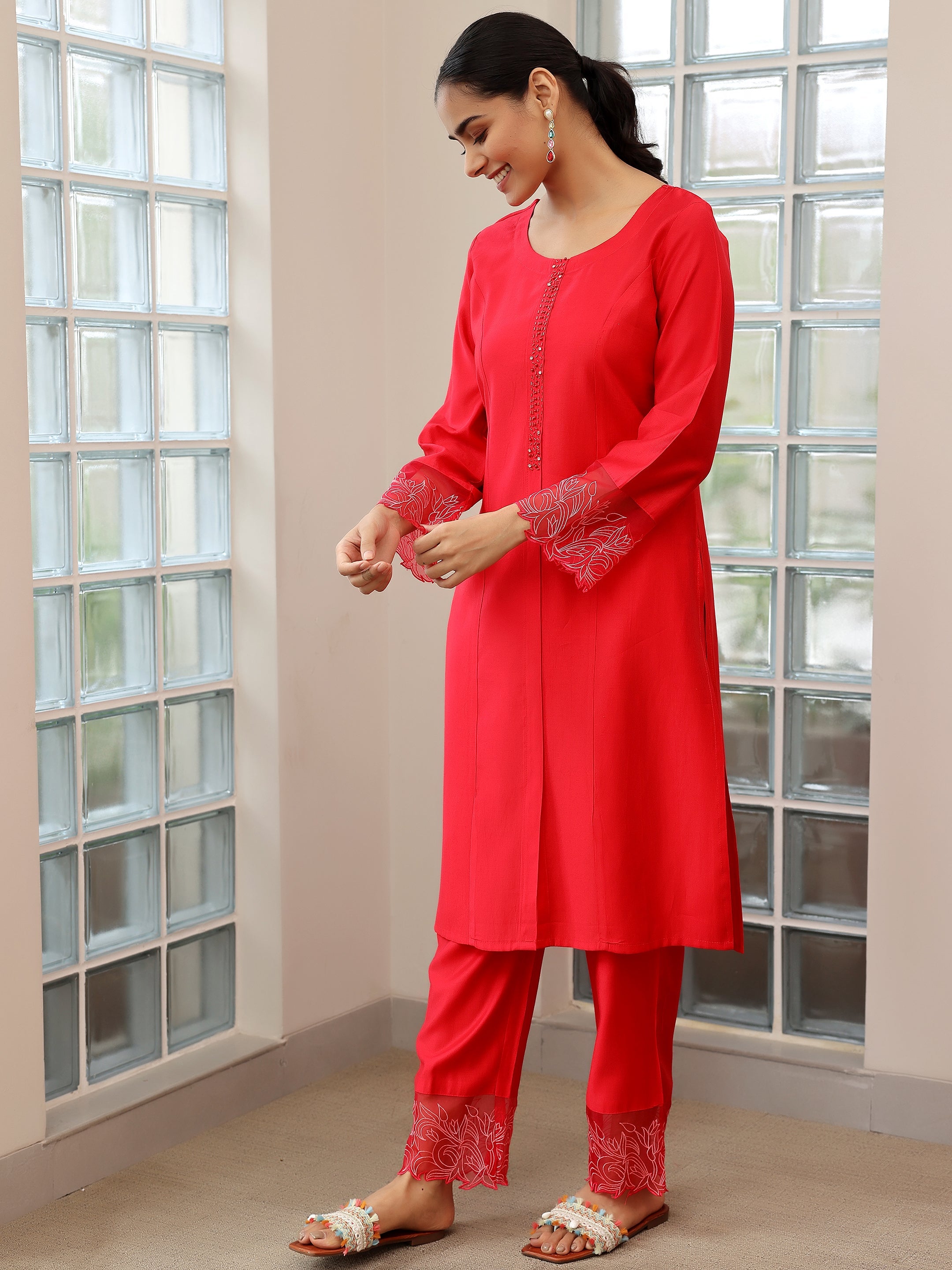 Red Yoke Design Silk Blend Straight Suit With Dupatta