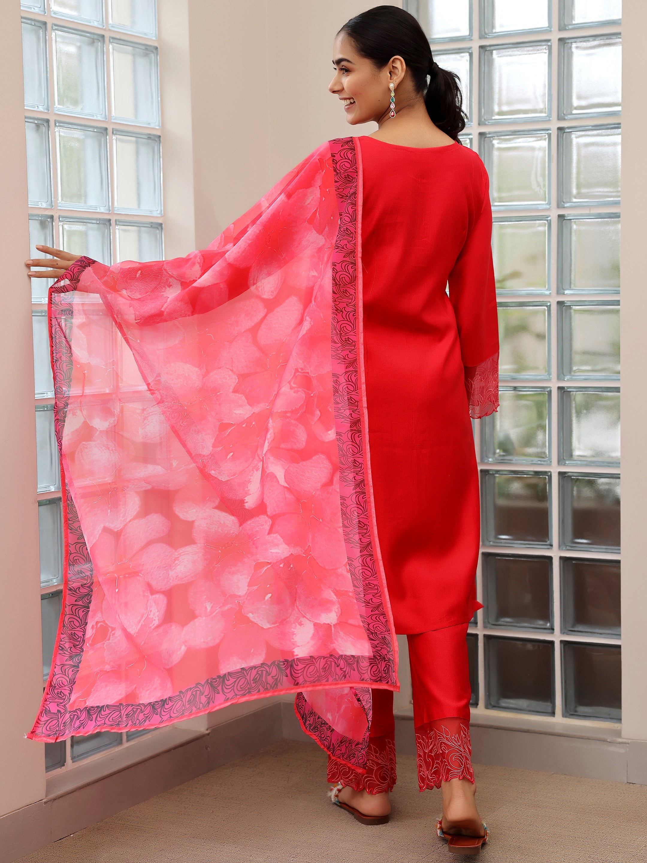 Red Yoke Design Silk Blend Straight Suit With Dupatta