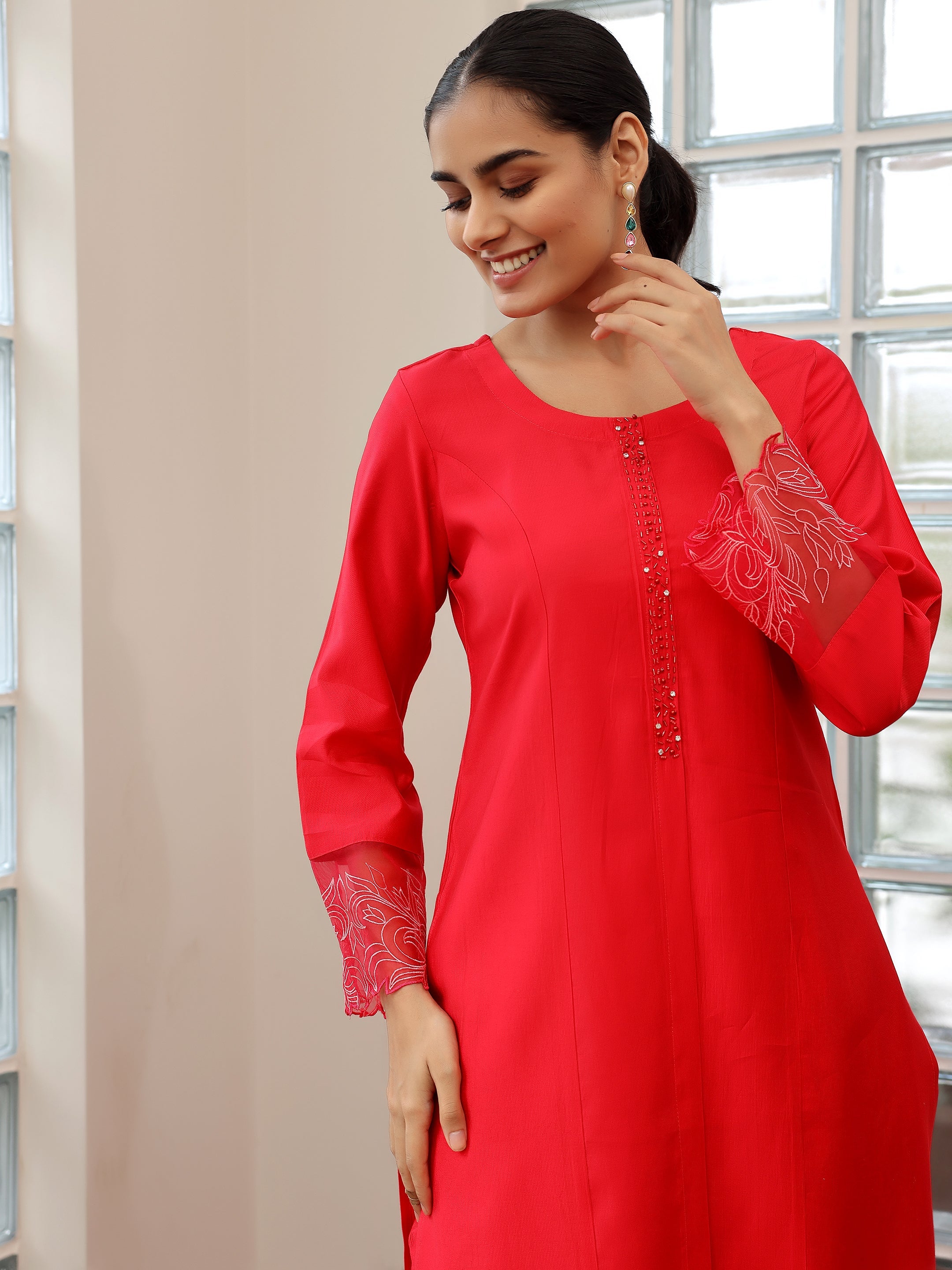 Red Yoke Design Silk Blend Straight Suit With Dupatta